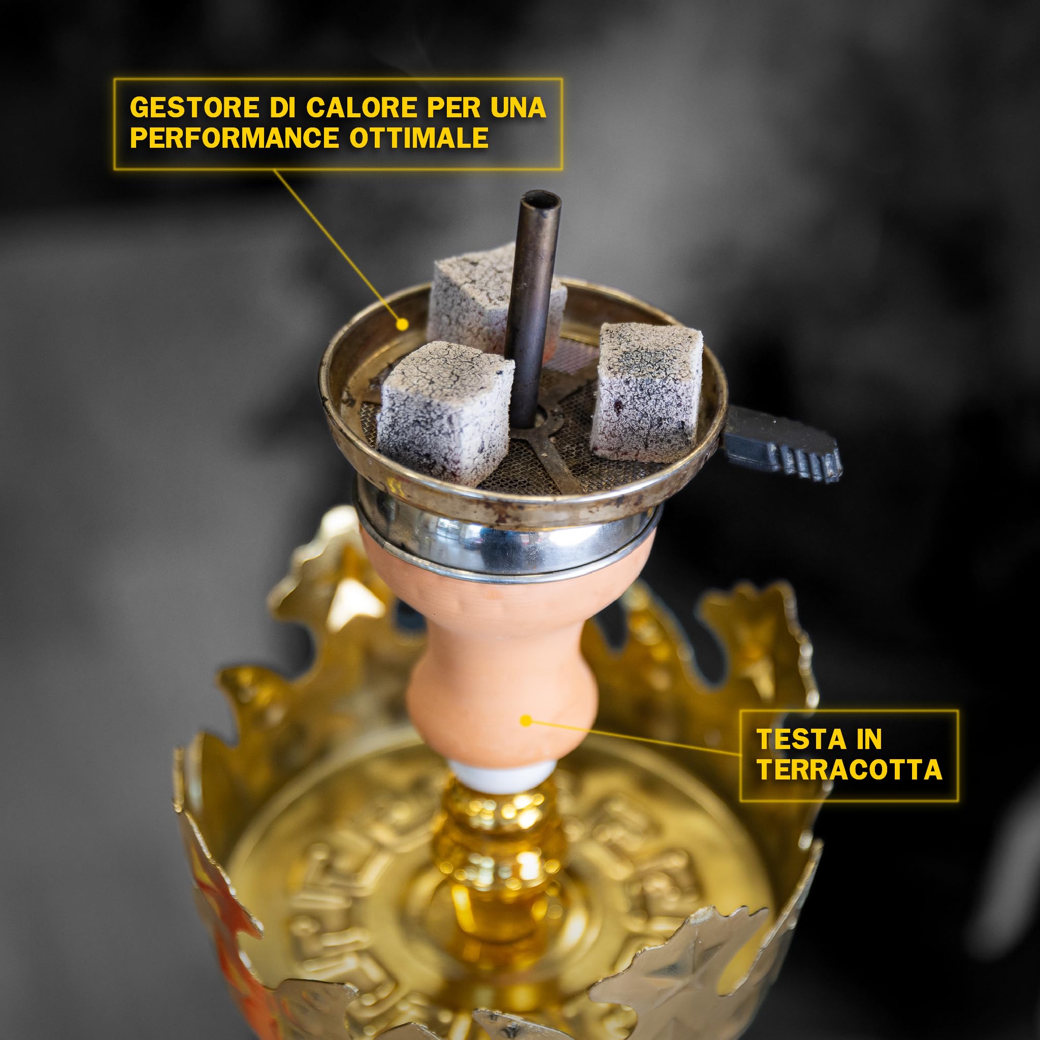 Shisha Tradicional Narmer 70 cm | Cachimba Artesanal con Tubo de Cuero, Cabezal de Terracota, Gestor de Calor y Porta Carbón Dorado Incluido