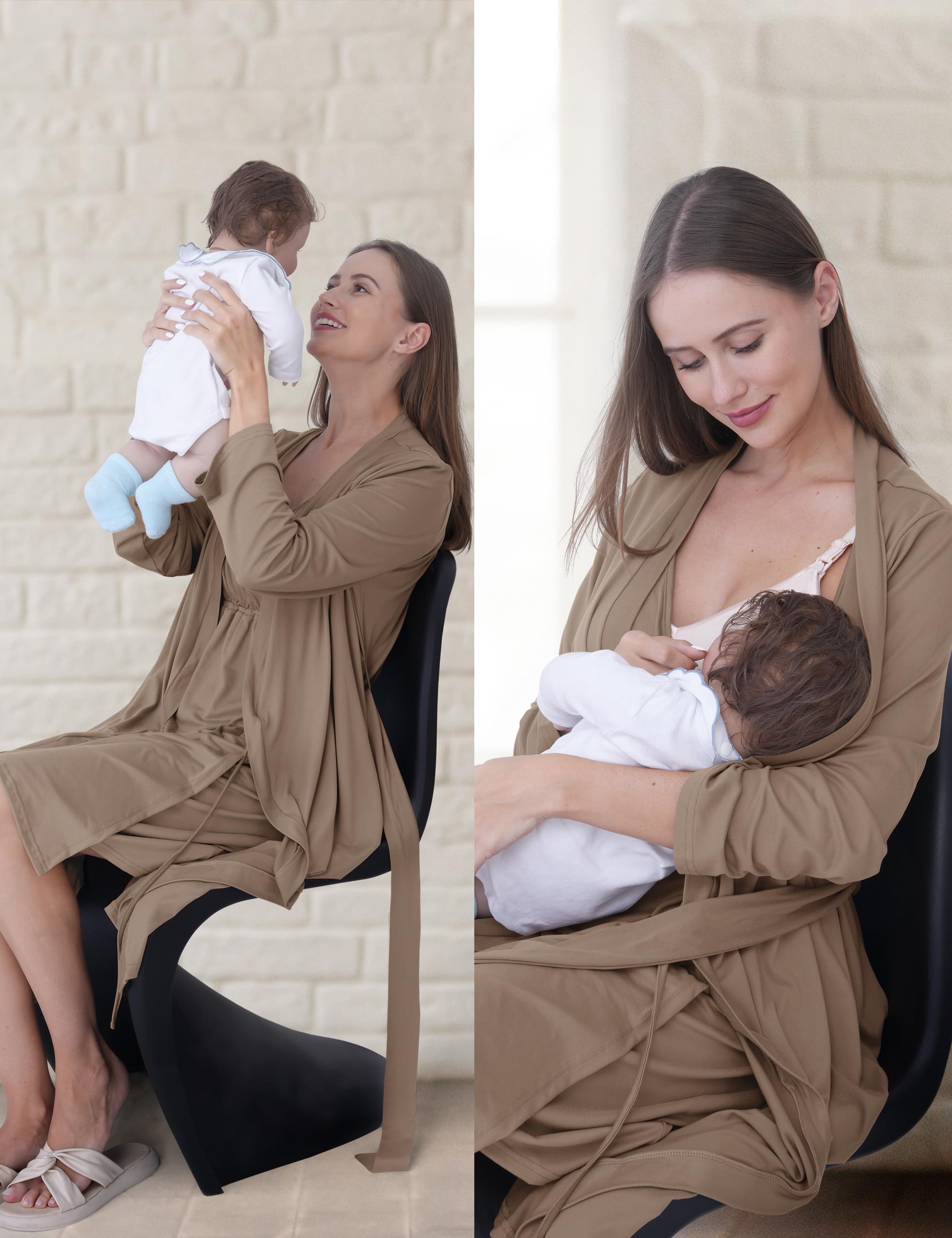 SUNNYBUY Camicia da notte premaman e allattamento con vestaglia, 2 pezzi, marrone, M | Biancheria da notte 3 in 1, per la nascita e il letto settimanale, adatta all'allattamento, vestaglia con tasche
