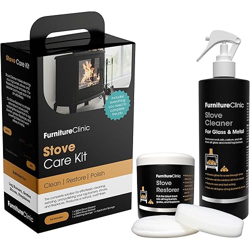 Furniture Clinic Stove Care Kit – Clean & Restore Log Burners, Grates, & Fireplaces | Removes Soot & Dirt | One Bottle Glass & Metal Cleaner + Stove Polish | 500ml / 17 Fl Oz Each Bottle