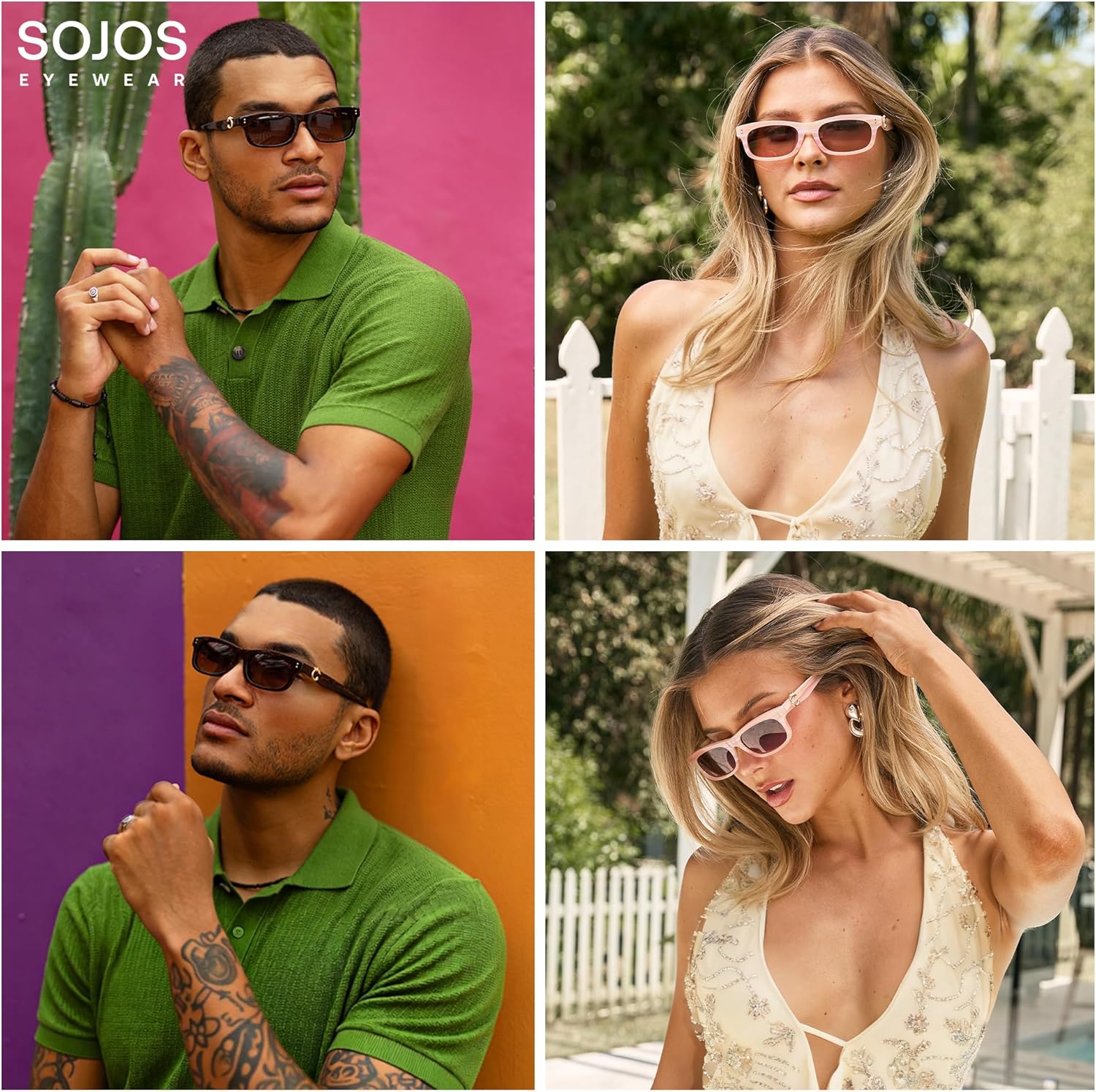 SOJOS Narrow Rectangle Sunglasses for Women, Polarized UV400 Acetate Frame, Retro Classic with Coral Accent, Lace Coral - Image 3