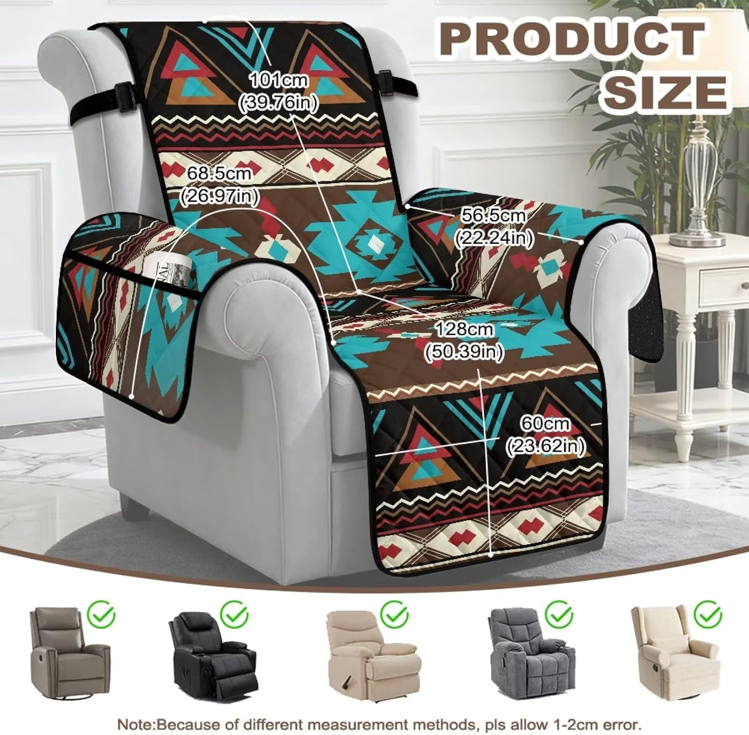 ZDCUSTOM Recliner Cover with Storage Pockets, Geometric Aztec Anti-Slip Cover for Recliner Chair Furniture Protector for Dog Cat Home