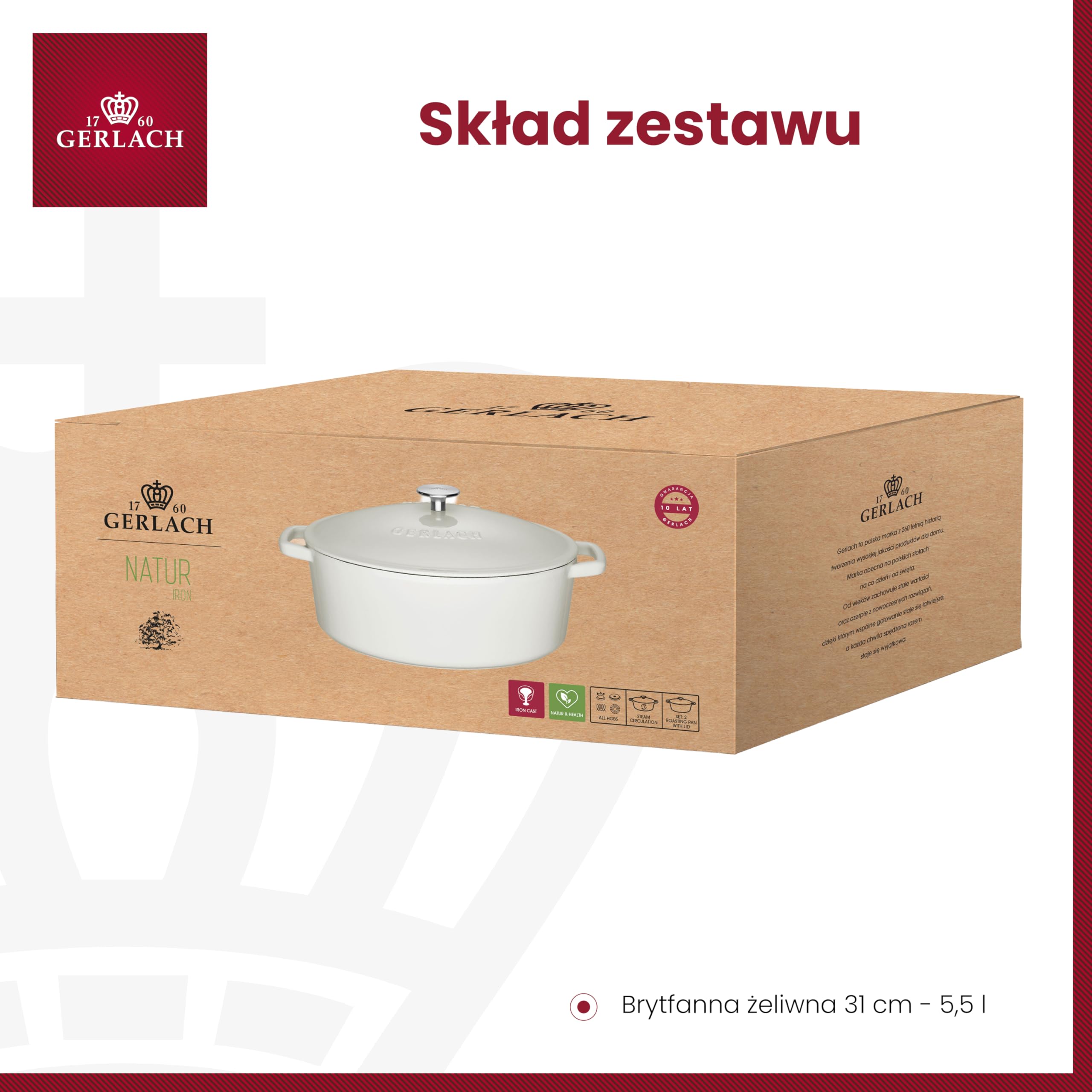 Gerlach Natur Iron Brytfanna Garnek Żeliwny Z Pokrywką Na Indukcję Gas Garnek Emaliowany Garnek do Pieczenia Chleba Biały 31 Cm 5,5 L