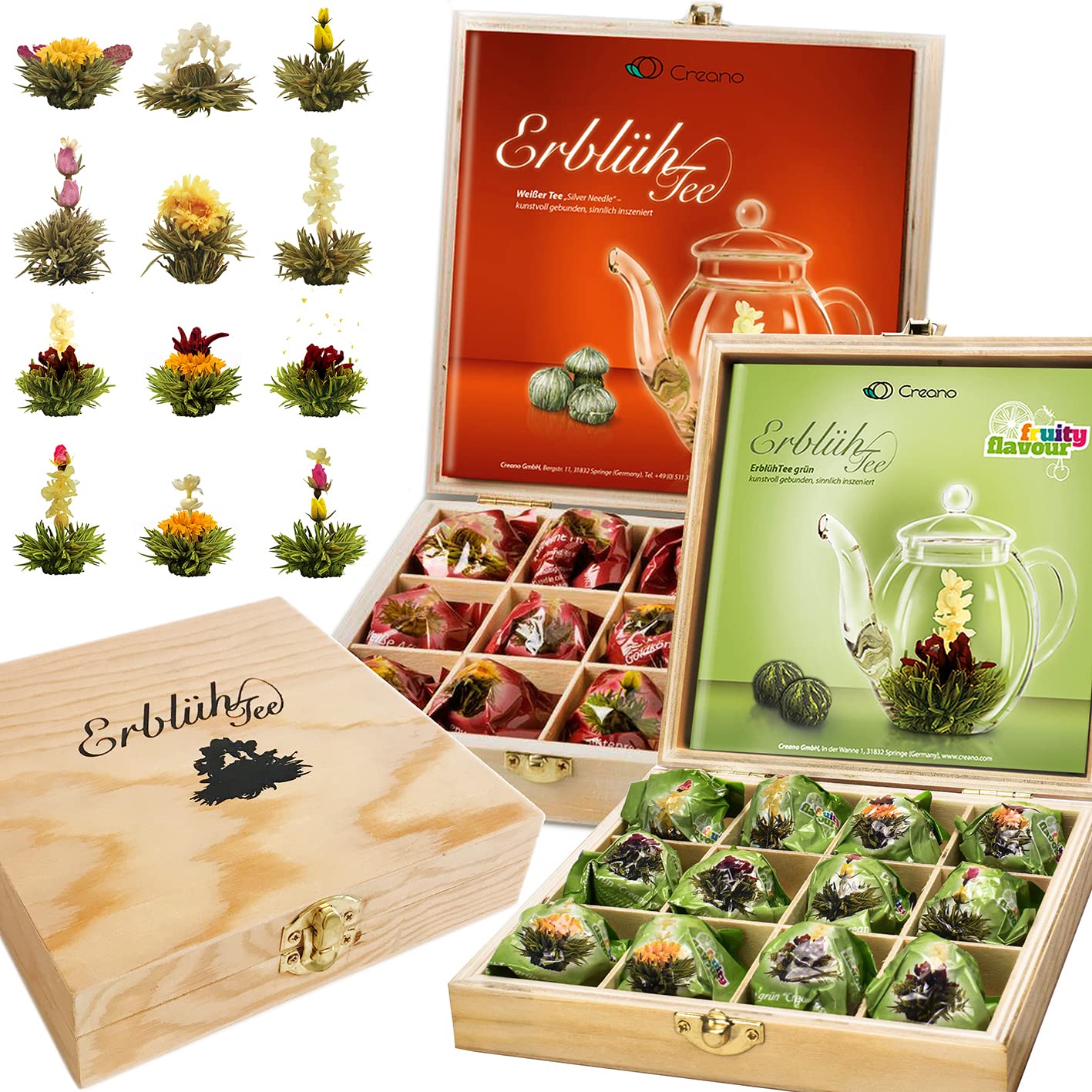 Creano 2er Set Teeblumen Holzpräsentboxen ErblühTee Grüner Tee "Fruity Flavor" + Weißer Tee