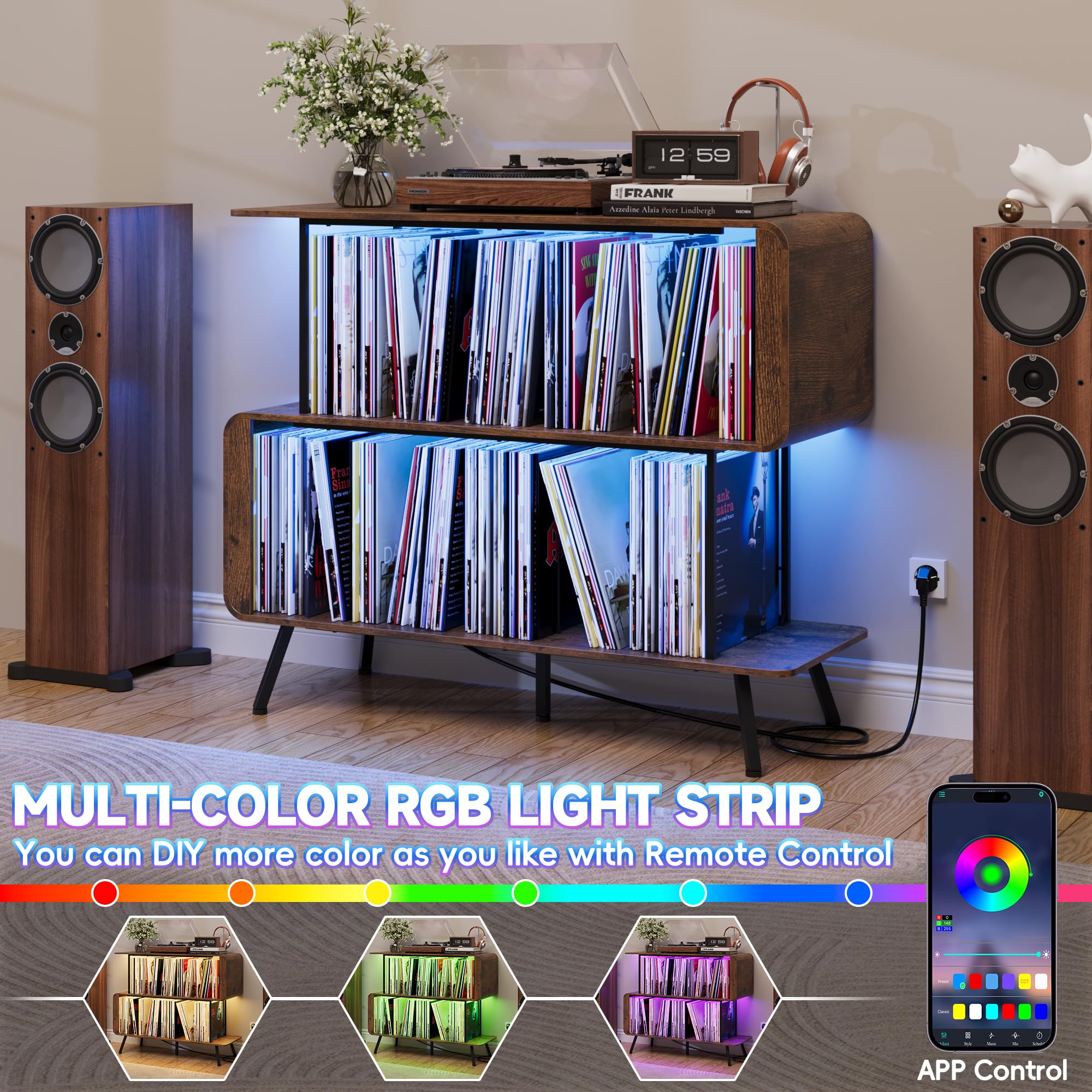 BACEKOLL Plattenspieler Regal mit EU-Steckdose & LED Beleuchtung, Schallplatten Aufbewahrung für 250+ LPs, Großer Plattenspieler Tisch mit USB-Anschluss, Mediaschrank für Wohnzimmer, Walnuss 108x45x73