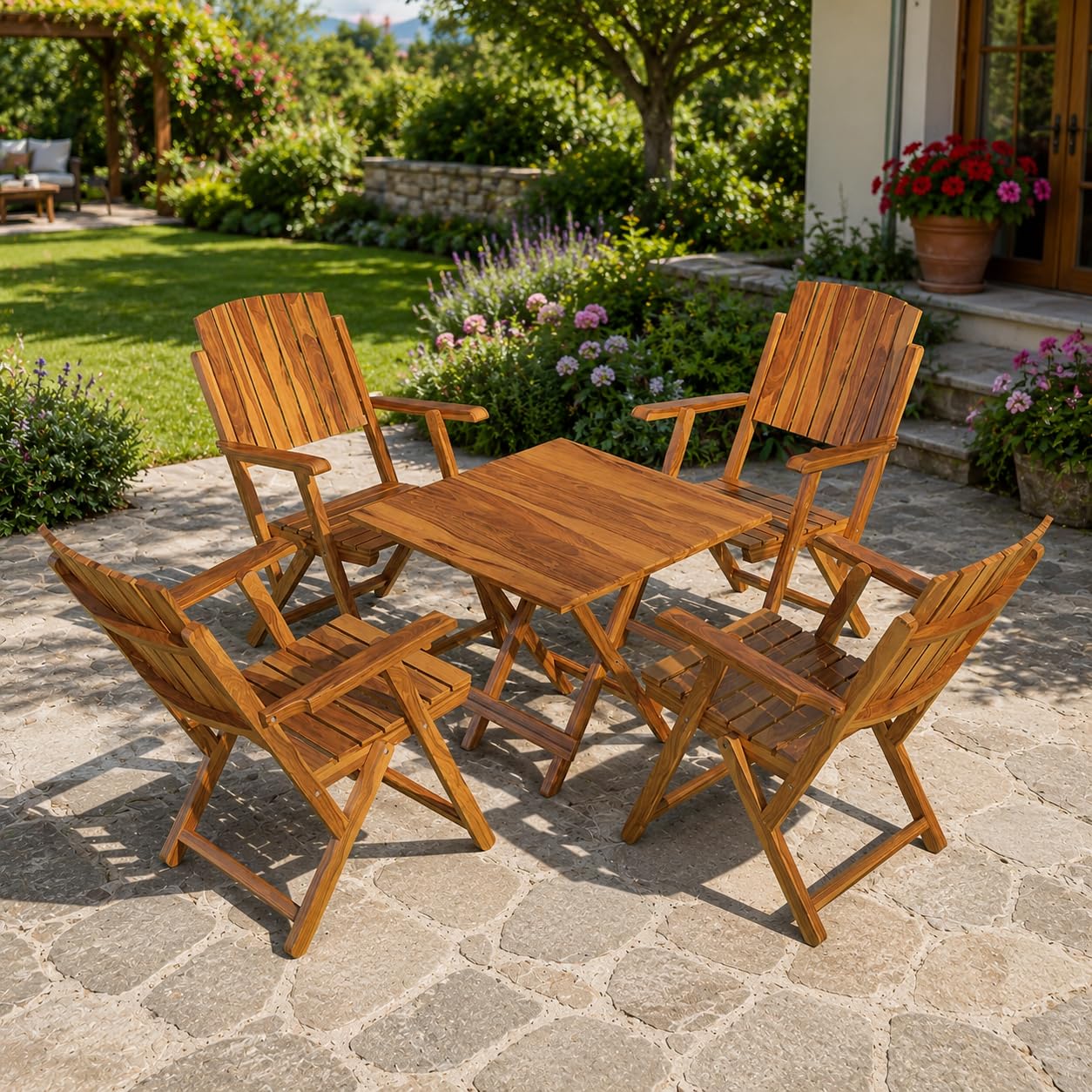 Sheesham Wood Natural Honey Finish Foldable 4 Seater Outdoor Furniture Set with Center Table | Solid Wooden Balcony, Garden, Patio & Terrace Chair Table Set | Portable Space-Saving Design-image-33
