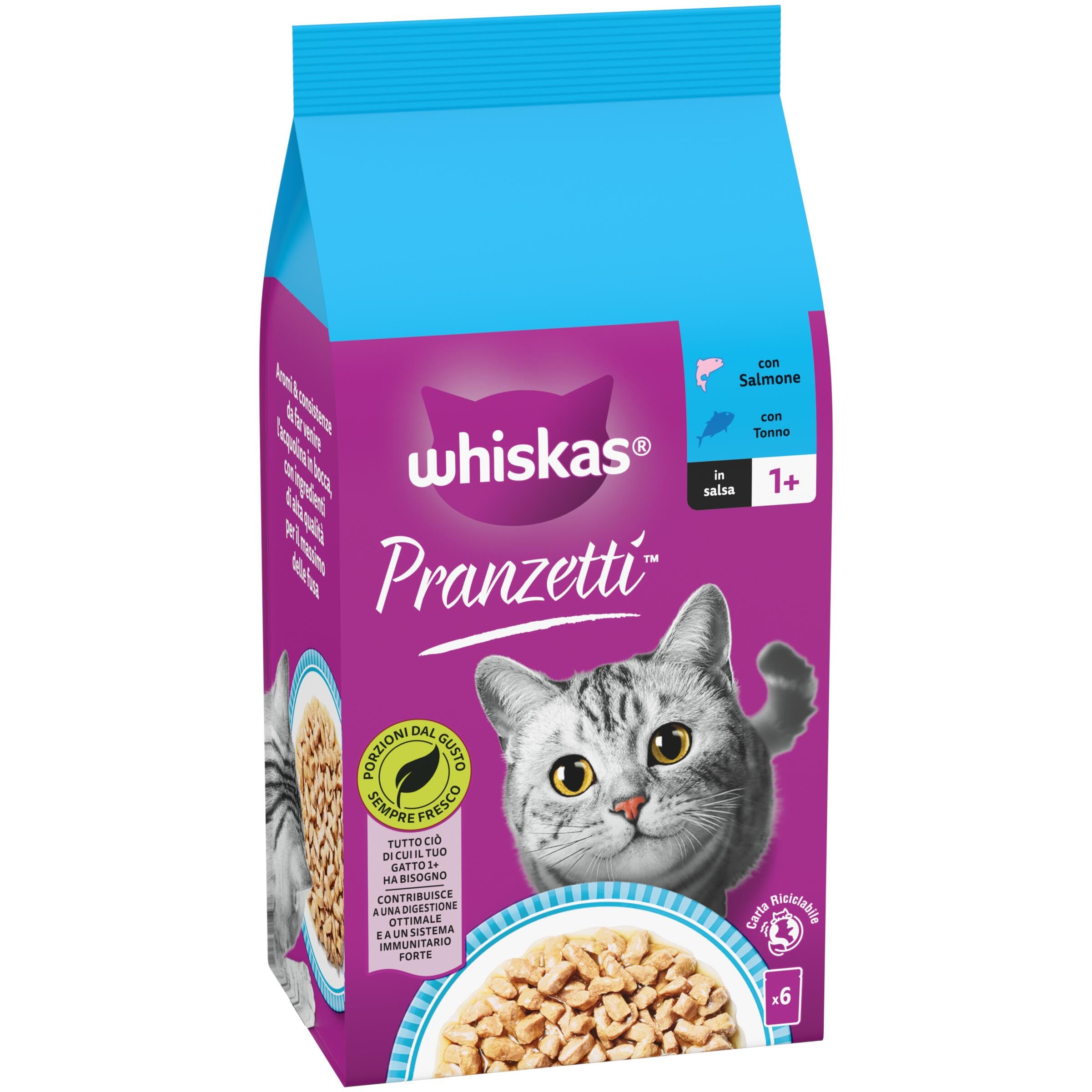 Whiskas Pranzetti Selezione di Pesce 1+ Adulto, Cibo Umido per Gatto, 12 Confezioni ognuna da 6 bustine x 50g (72 Pezzi in Totale)