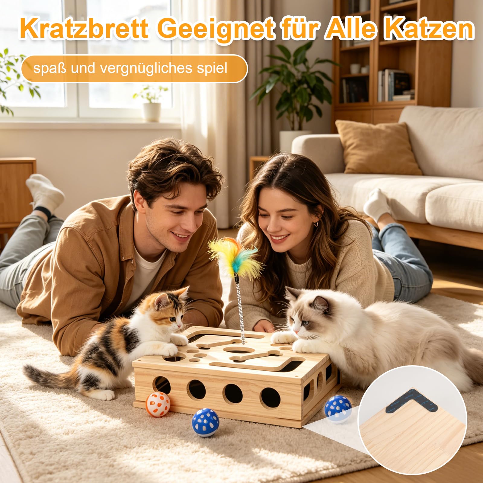 2-in-1 Kratzpuzzle Katzen Set, Katzen Kratzbrett mit Sandpapier, 3 Glockenbällen， Feder und 4 Antirutschmatte, Interaktives Kratzboxen für Katzen Spielen, Entspannen und Krallenwetzen 30x25x8cm
