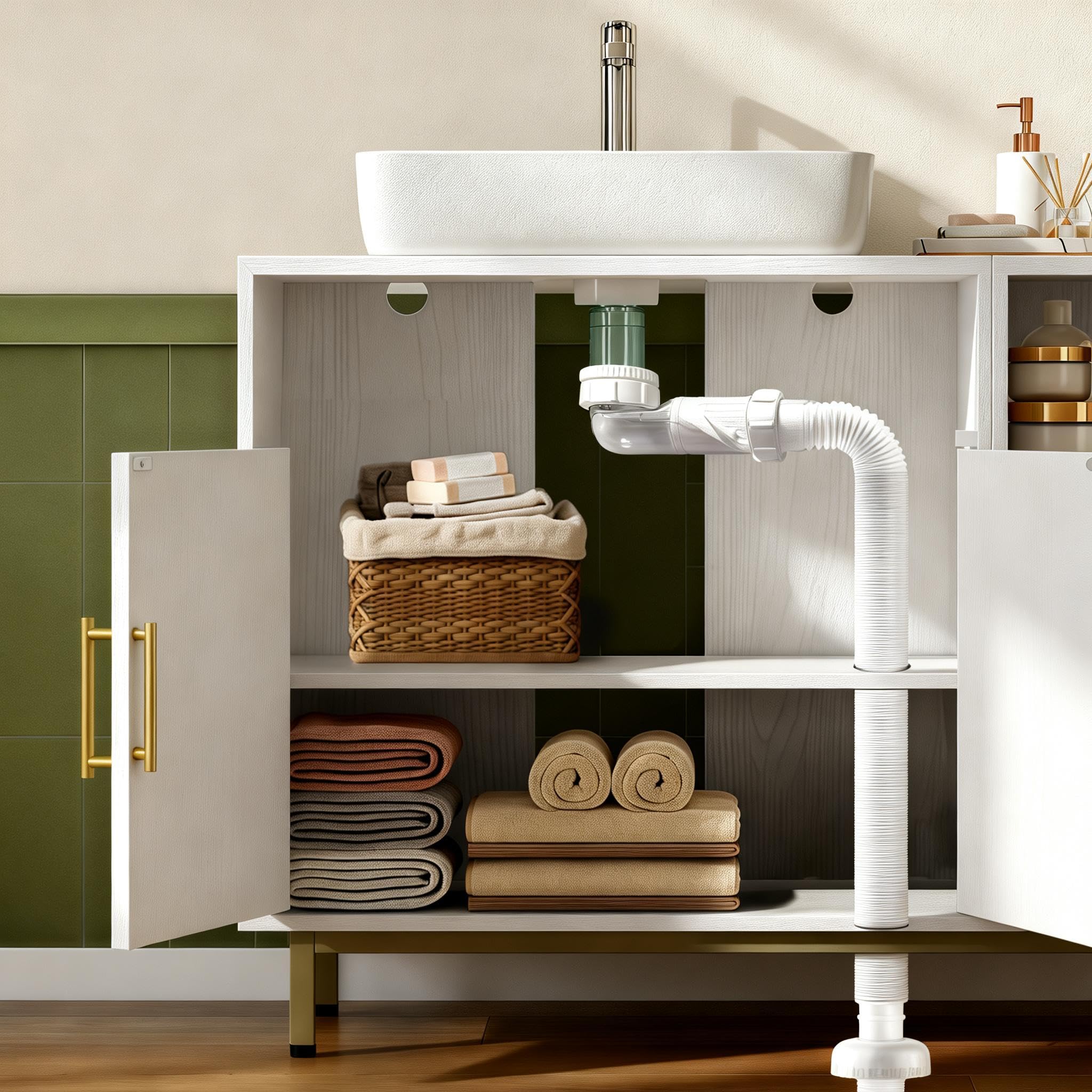 Siphon de 1 1/4", Set de 2, Économiseur d'espace, Siphon Lavabo Extra Plat Réglable, Tuyau de Vidange Flexible, Anti-Odeurs, Siphon Evier Cuisine et Salle de Bain, Blanc