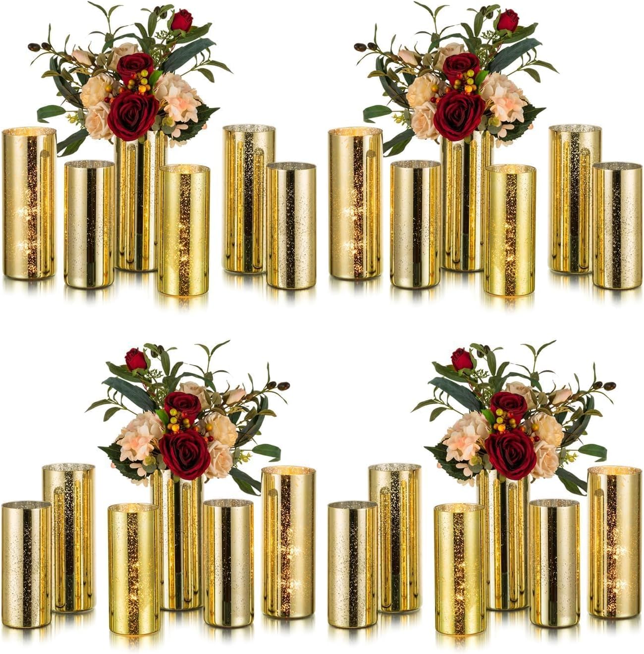 Glasseam Gold Cylinder Vases for Centerpieces: 24 Modern Mercury Hurricane Glass Vase Set for Flowers - Decorative Golden Pillar Candle Holders for Wedding Party Dining Room Table Decor