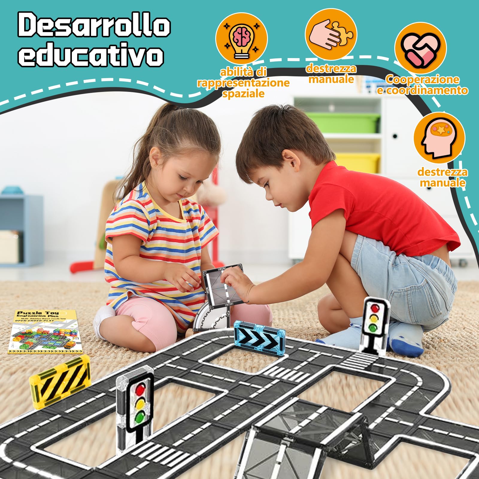 BuzzoXerex Costruzioni Magnetiche Strade, Piastrelle Magnetiche Bambini 50 pezzi, Tessere Magnetiche Blocchi Magnetici Giocattoli Costruzioni Regalo Bambino 3-4 anni