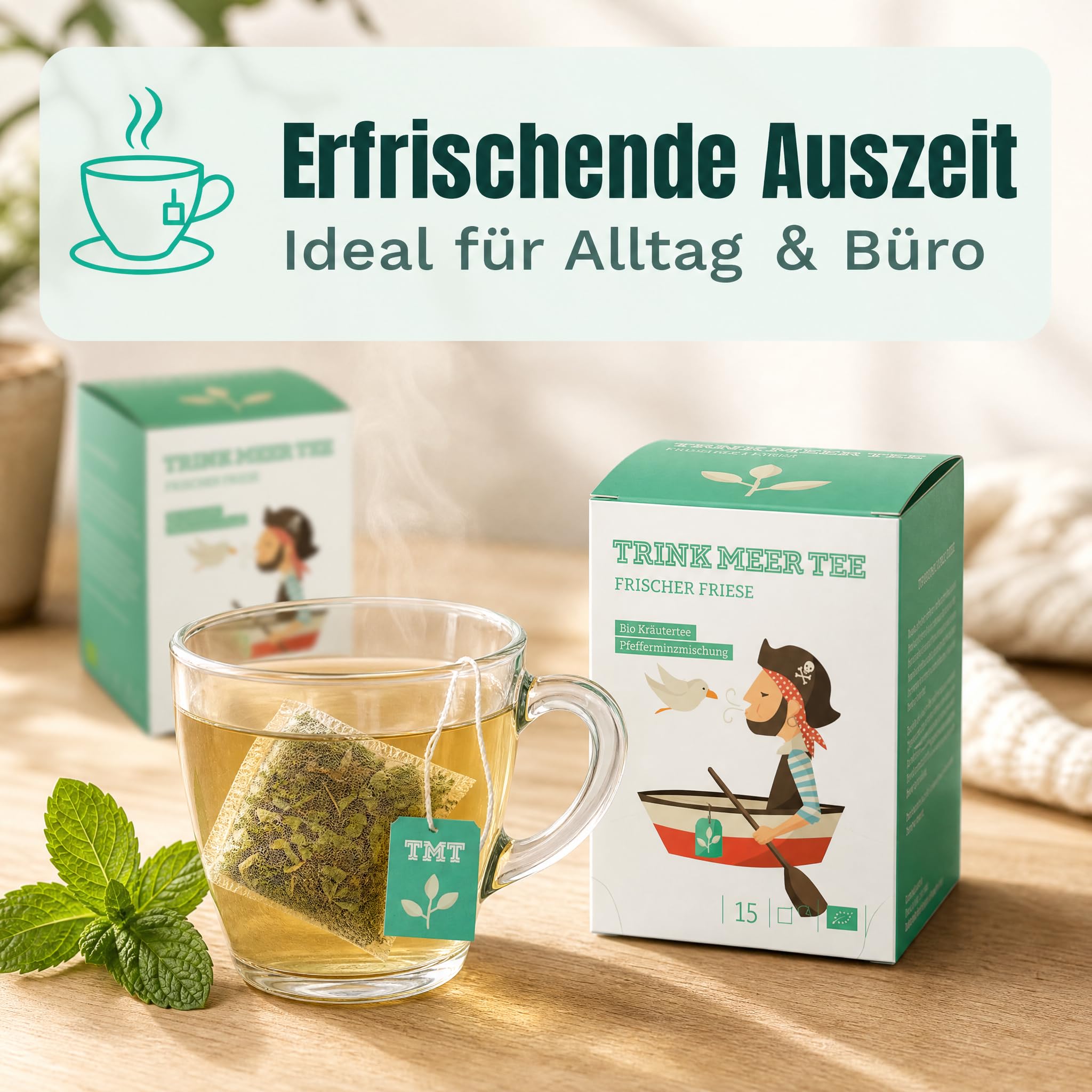 6 x Trink Meer Tee Pfefferminztee Frischer Friese Premium Kräutertee in Teebeuteln, erfrischend und aromatisch, handgenähte Kissenbeutel aus Netzmaterial, maritimes Design
