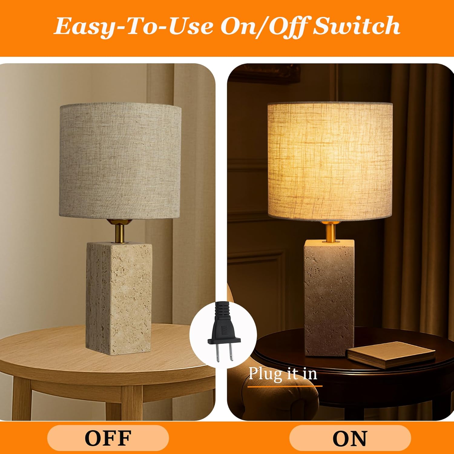 1-Light H16 inch Coastal Small Travertine Stone Table Lamp with Linen Fabric Shade Modern Decorative Lamp Nightstand Desk Lamp for Bedroom Office Bedside