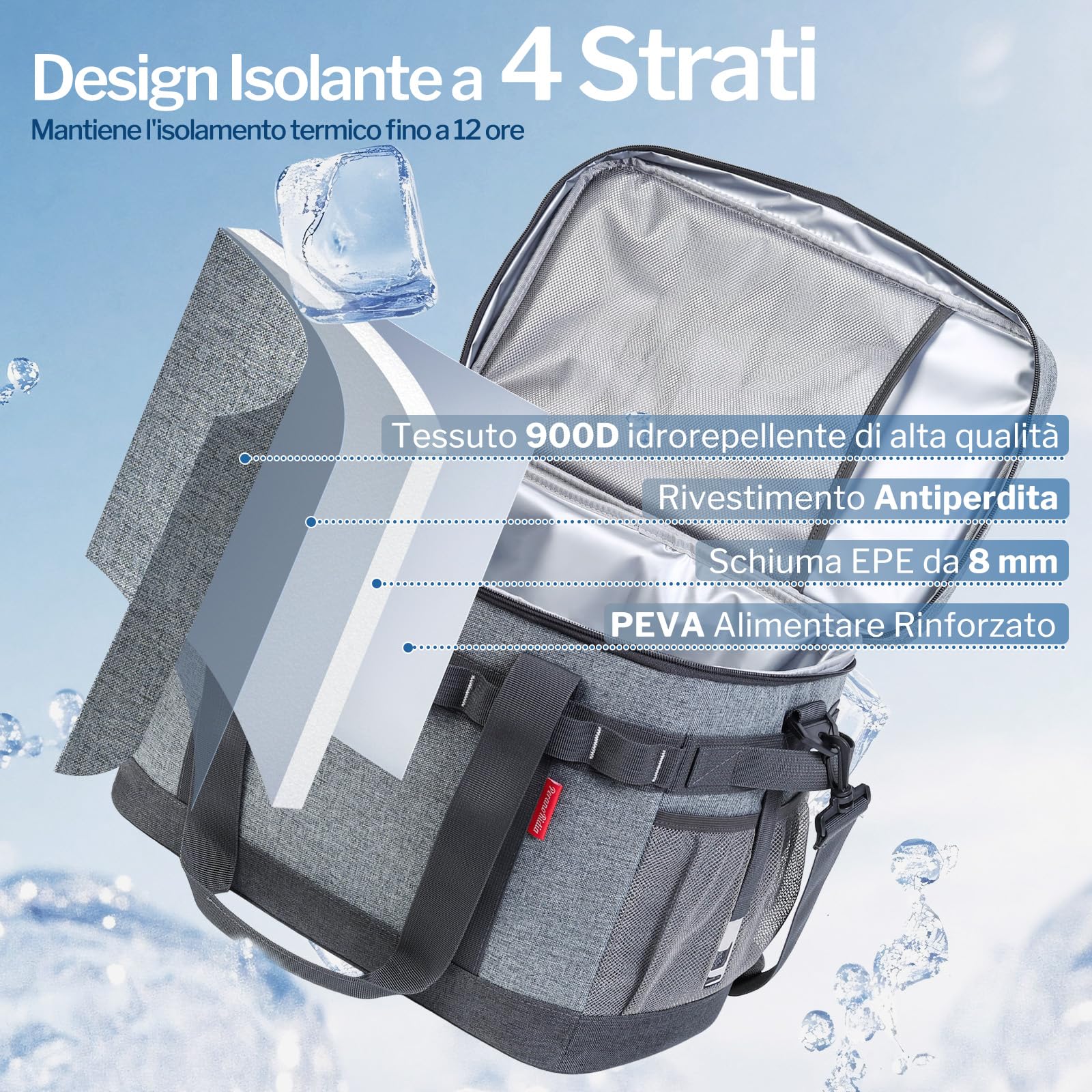 Borsa Termica 40L Raffreddamento 12 Ore Cooler Bag Portatile Manici Multipli