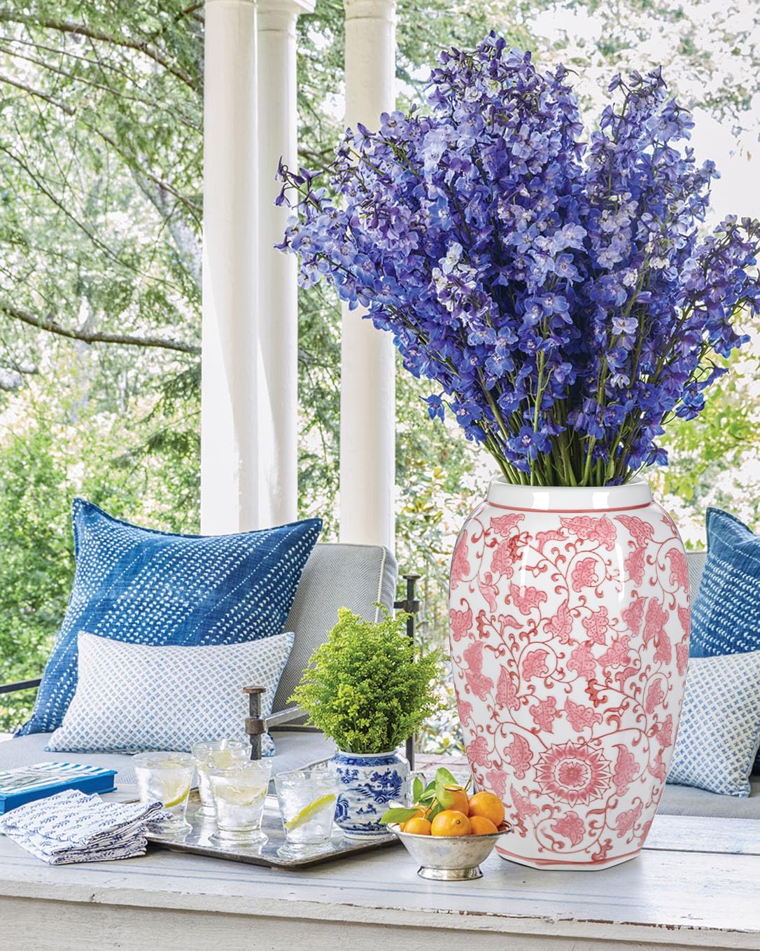 Pink Vase 8.5 Inch Traditional Chinoiserie Floral Vase Porcelain Ginger Jar Octagonal Vases Blue and White Porcelain Decor for Home, Living Room, Kitchen, Mantel, Shelf, Table