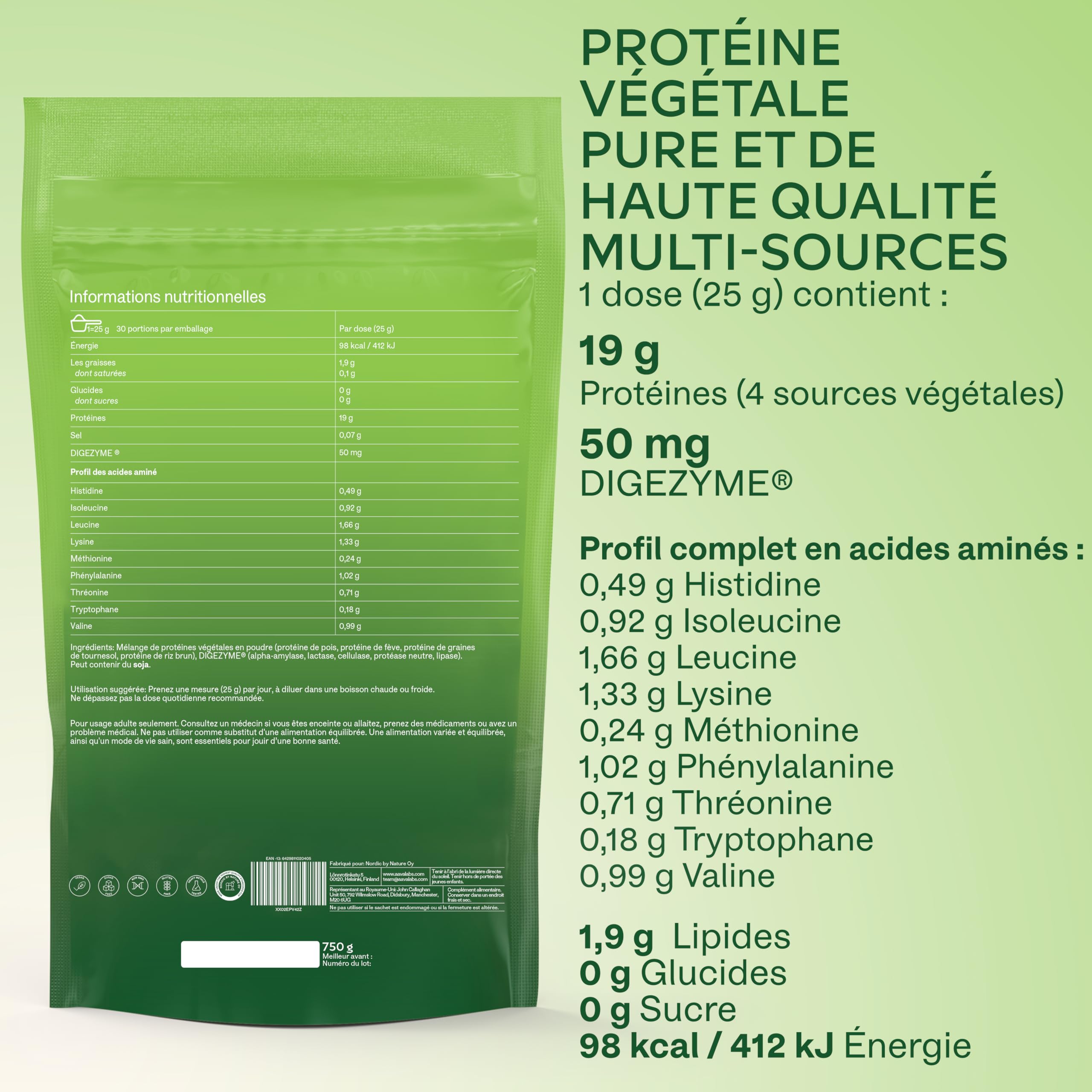 Proteine Vegetale en Poudre 750g DIGEZYME® | Proteine Vegan de Pois (Pea), Ris, Fèves, Tournesol - Protéines Sans Sucre, Sans Lactose - 9 acides aminés essentiels EEA et BCAA - Vegan Protein Powder
