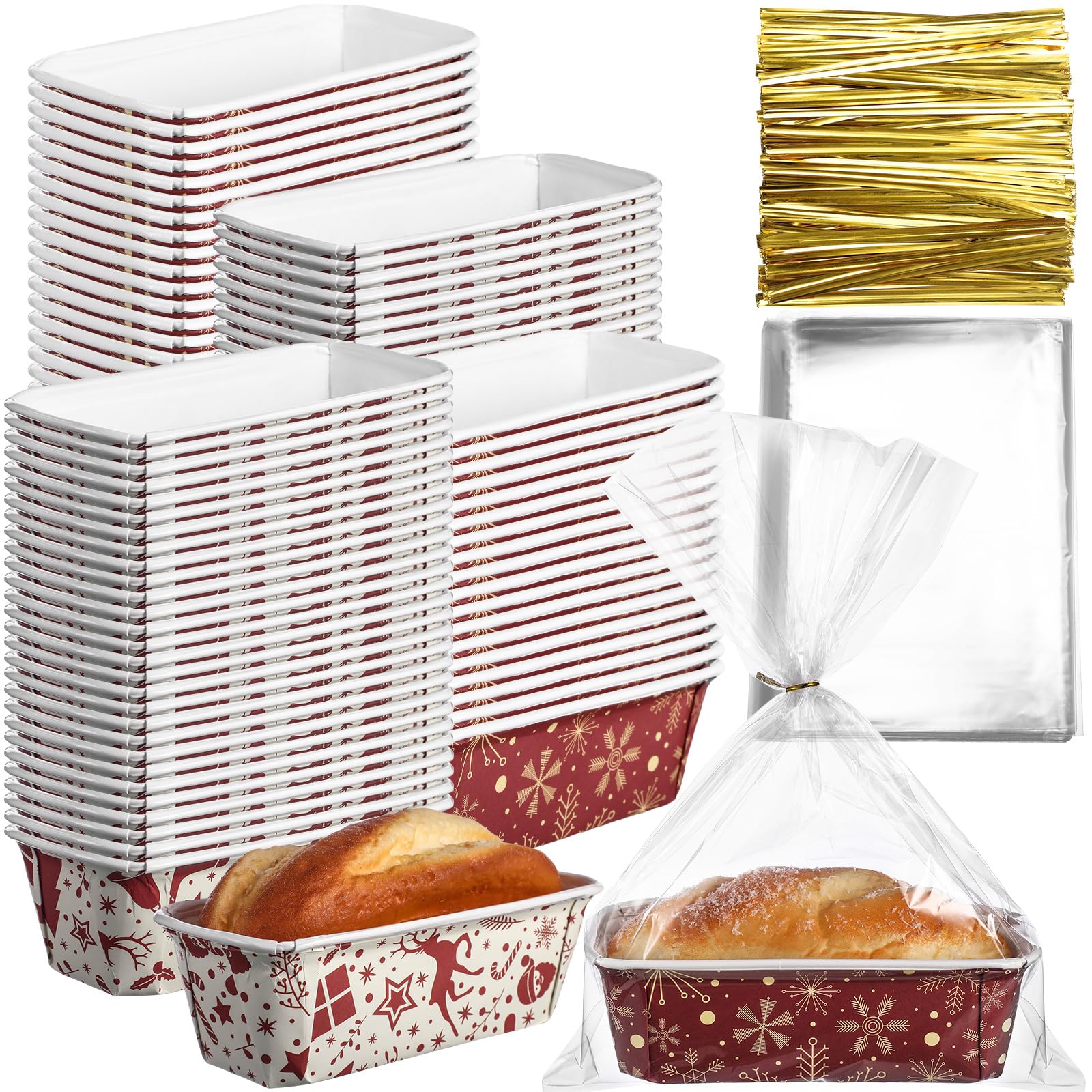 Teenyyou 50 Sets Weihnachts-Papier-Kastenform 16,3 x 5,6 x 5,6 cm, Mini-Einweg-Brotformen mit transparenten Plastiktüten und Bändern, rechteckige Backform für Brot, Kuchen, Backen (eleganter Stil)