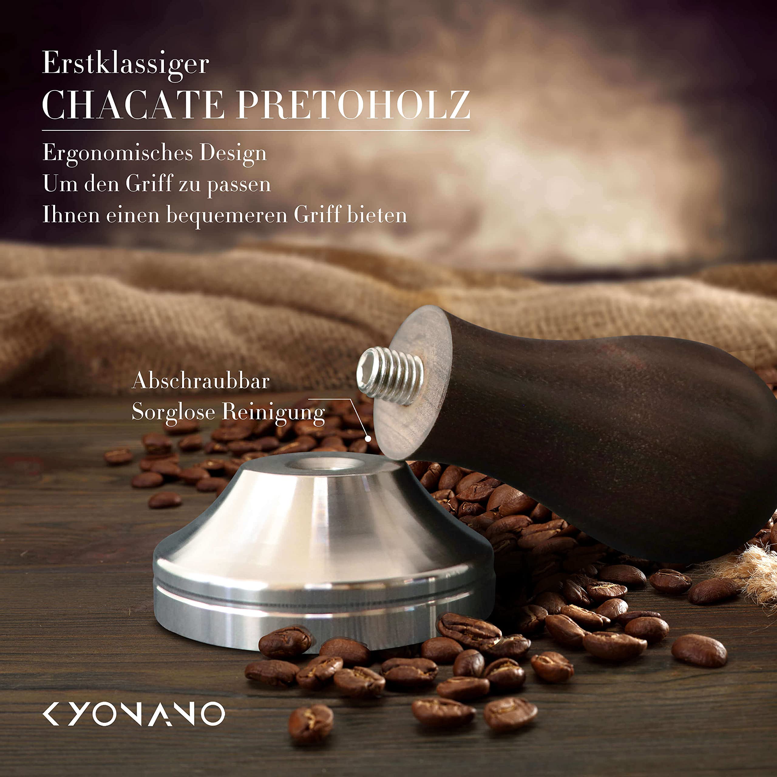 KYONANO Tamper 51 mm, ze stali nierdzewnej 304, z uchwytem z drewna Chacate Preto, tamper do espresso, do sitka, pasuje do ekspresów do kawy DeLonghi