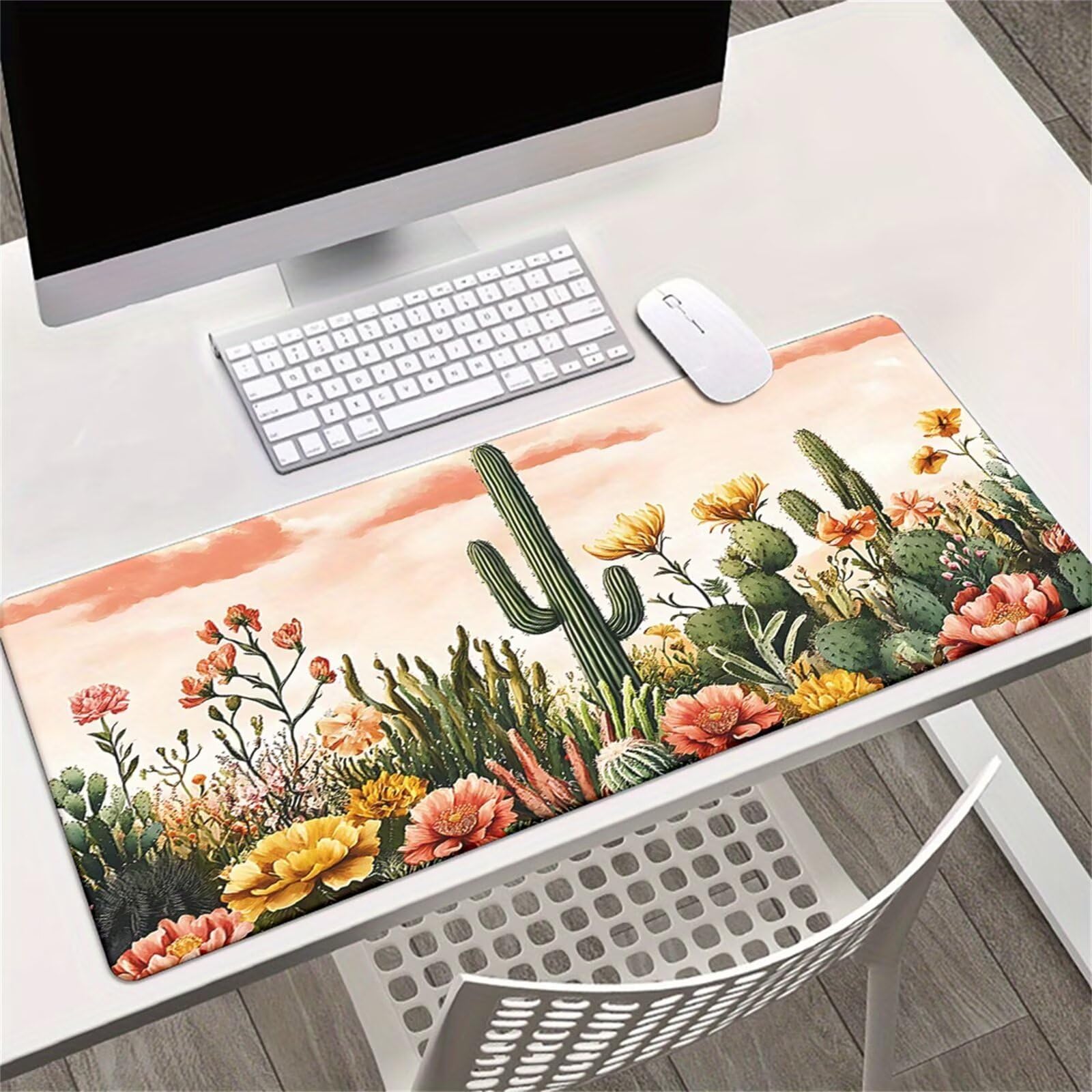 Grand Tapis de Souris de Jeu 900x400x3 mm Mouse Pad Gaming Fleurs Cactus Tapis de Bureau Antidérapant avec Bords Cousus pour Bureau, Études, Gamer