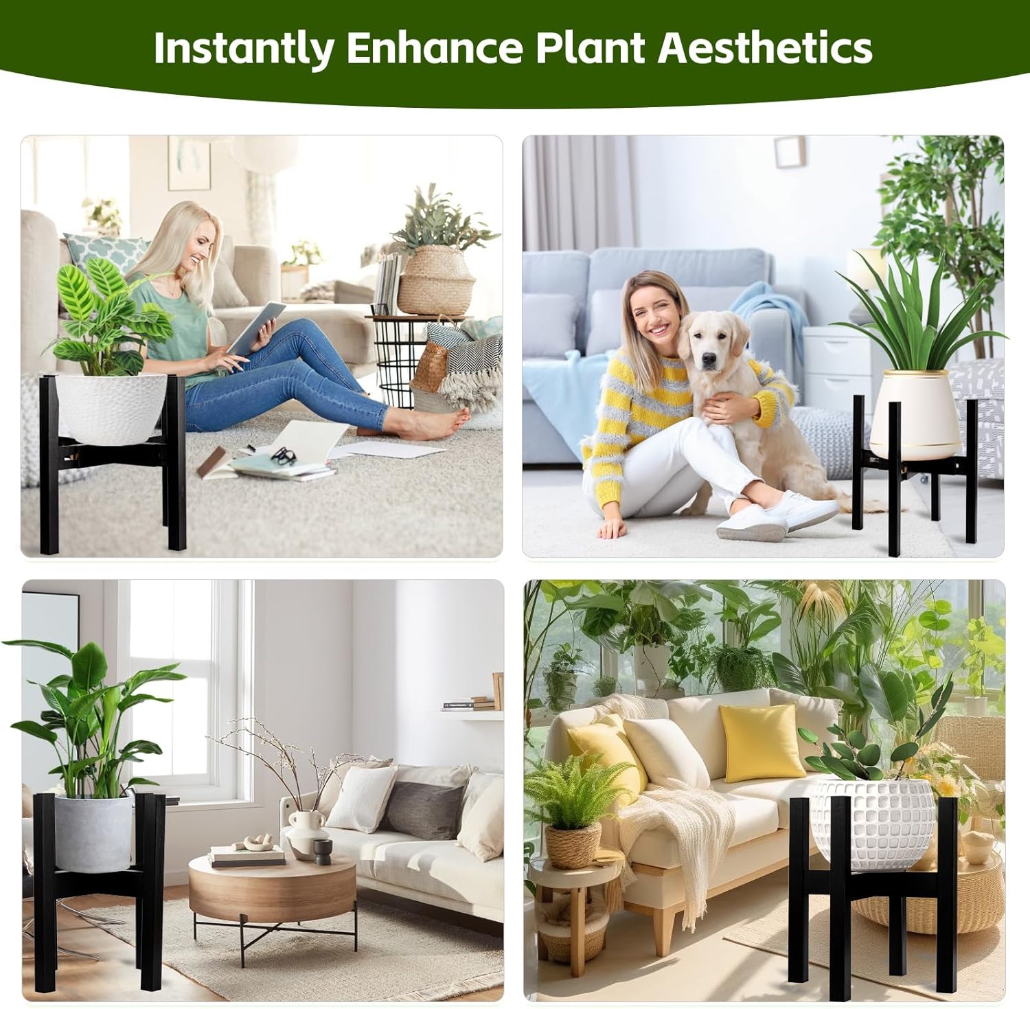 Adjustable Bamboo Plant Stand for Indoor Plants, Holder Rack Fits 8"-12" Pots for Living Room, Bedroom, Corner - Space Saving Shelf (Pot & Plant Not Included)(Black)