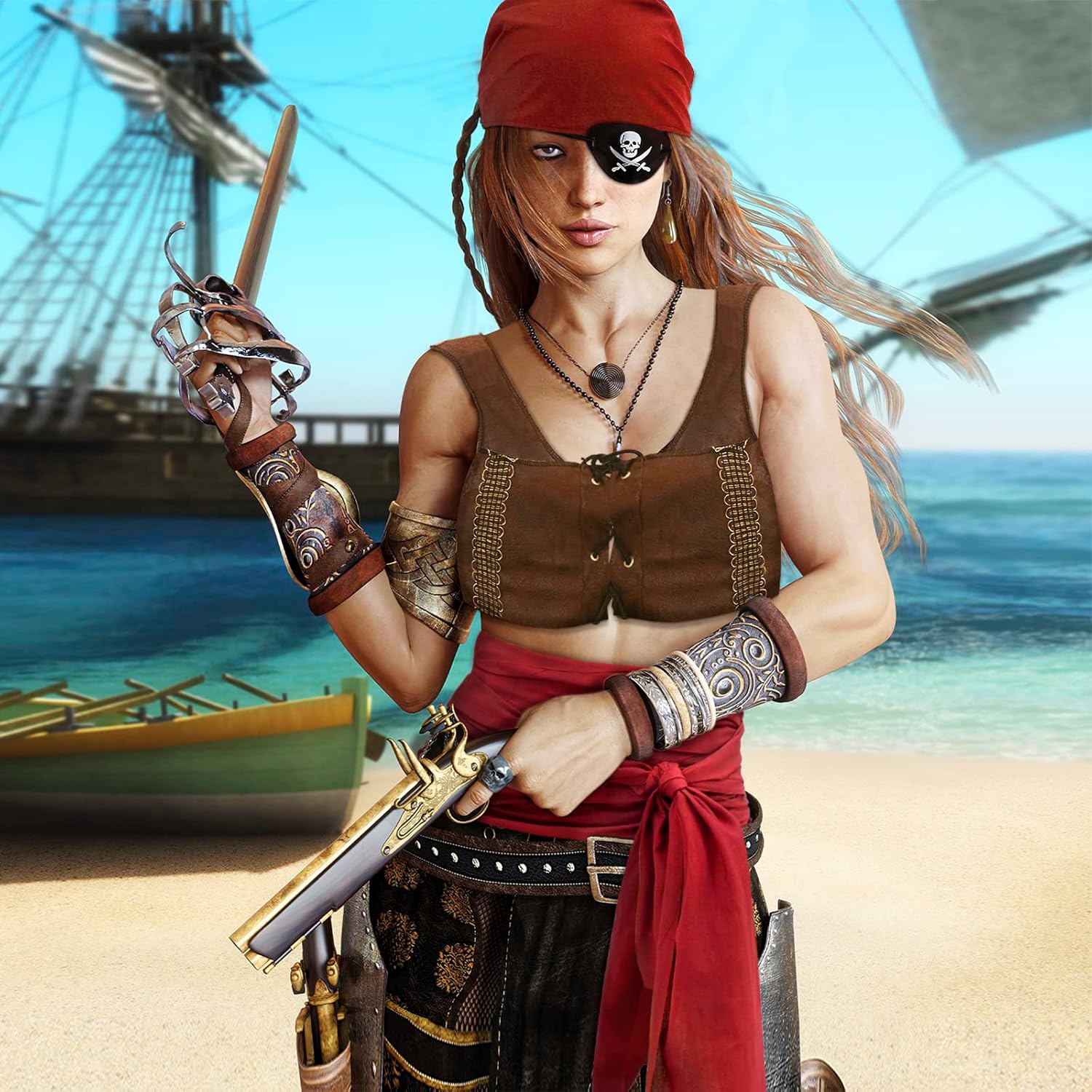 3 PCS Halloween Pirate Costume Women Men Head Scarf Hat Accessories Sash Belt Pirate Bandana Headband Waist - Image 7