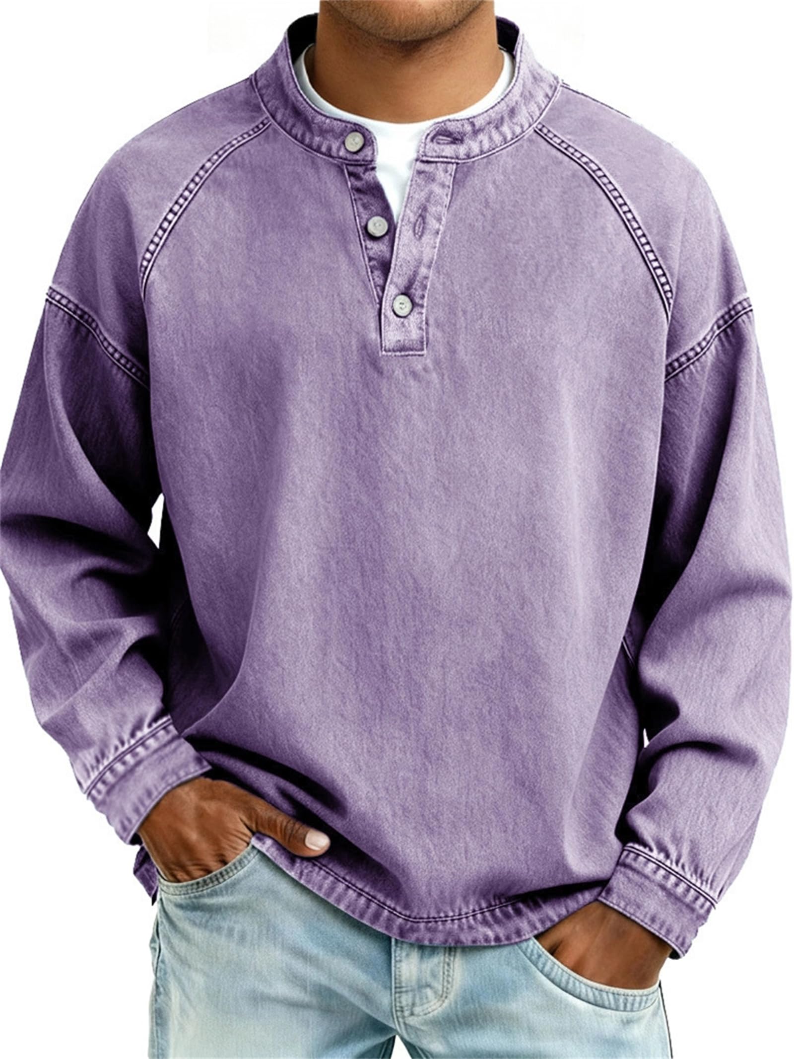 Camisa de color lavado con botones y cuello en V para hombre, color liso, casual, desgastada, lavada al ácido