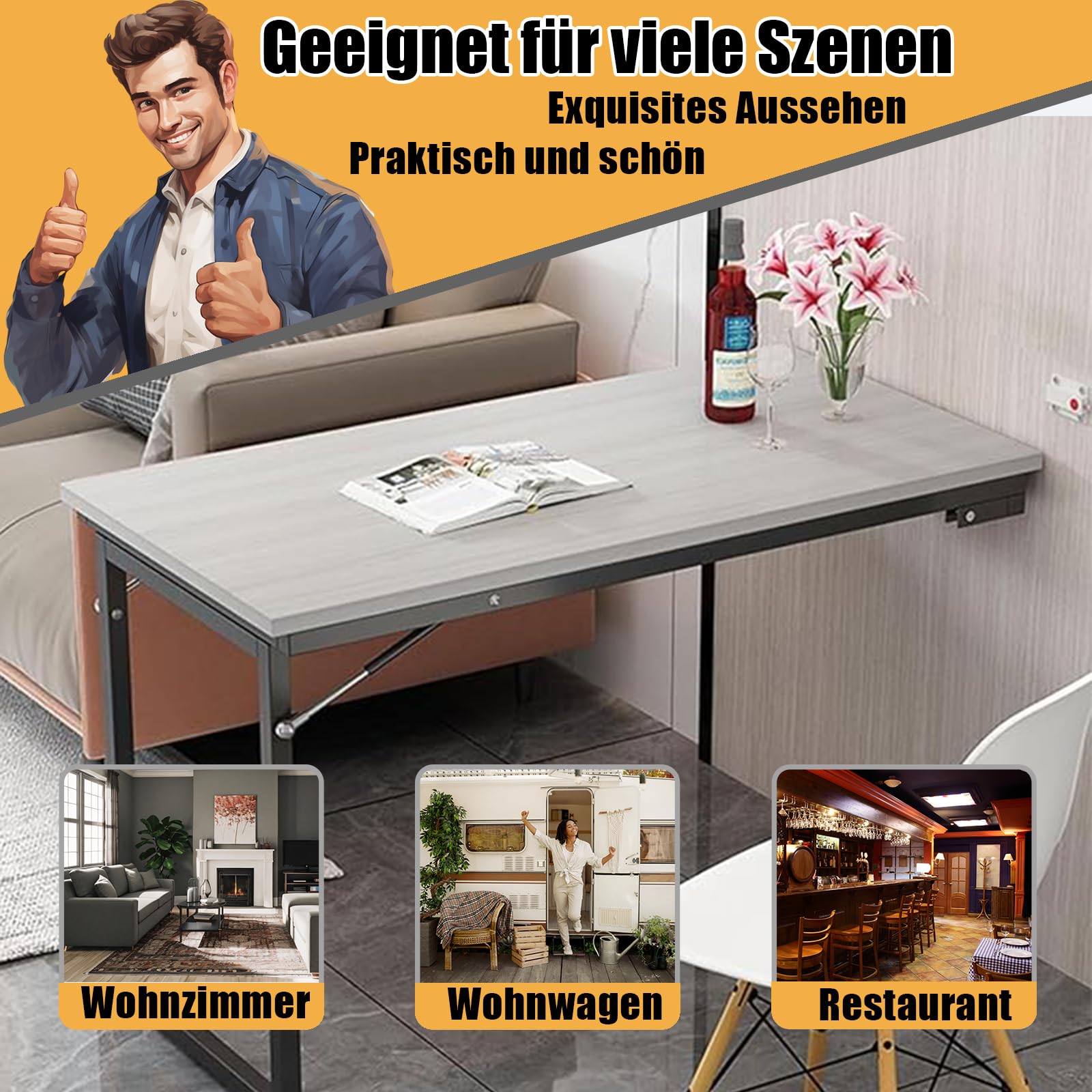 Wandklapptisch Klappbar - Platzsparender Schreibtisch für Küche, Balkon & Wohnmobil - Stabile Wandmontage bis 40kg, Massivholz