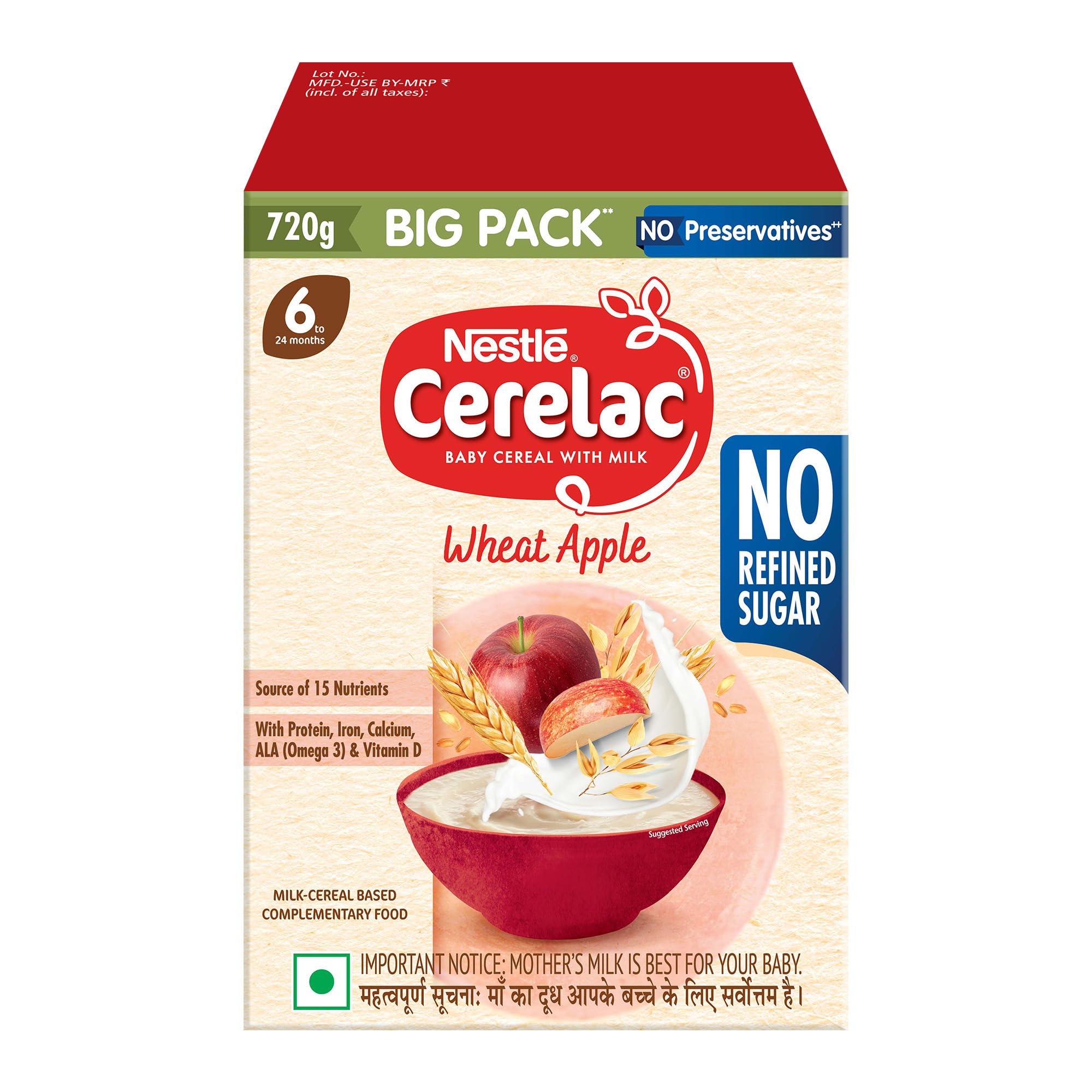 CERELAC Baby Food Cereal | No Refined Sugar | Wheat Apple for 6-24 months baby | Omega 3 Iron Protein Calcium Vitamin D | Instant Baby Food | 700g | Big Pack-image-39