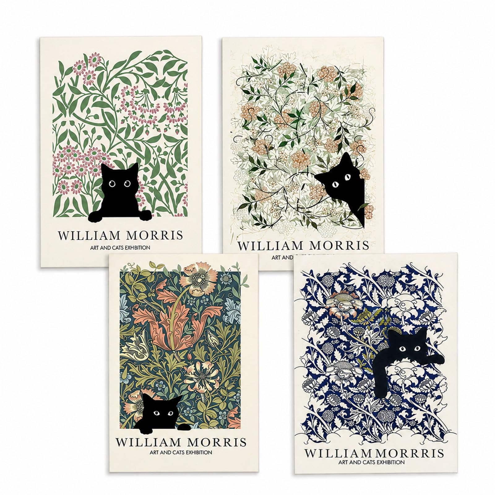4 PCS William Morris Prints, Blcak Cat & Floral Canvas Wall Art, Vintage William Morris Style Pictures for Living Room Bedroom Study Office Decor, Cat Wall Posters for Fan, Art Lover, Cats Lover