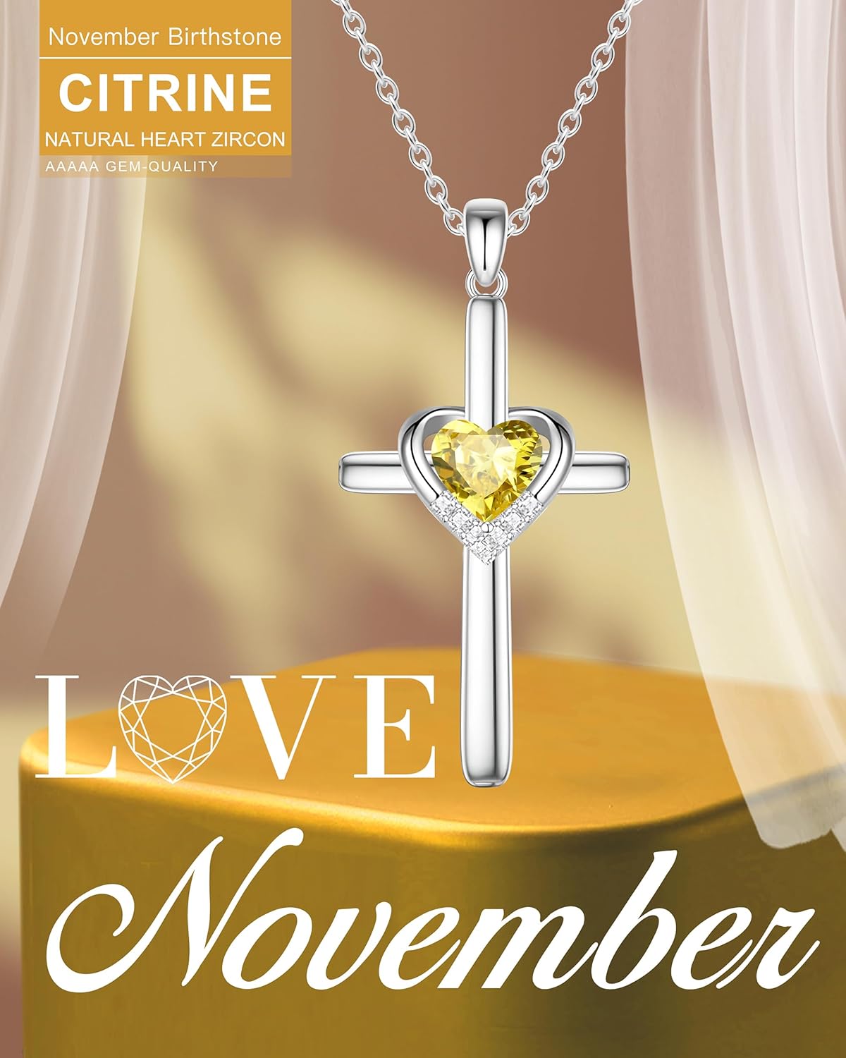 Cross Necklace with Genuine Heart Birthstone for Women, Love and Faith, Birthday Gifts for Her - Image 3