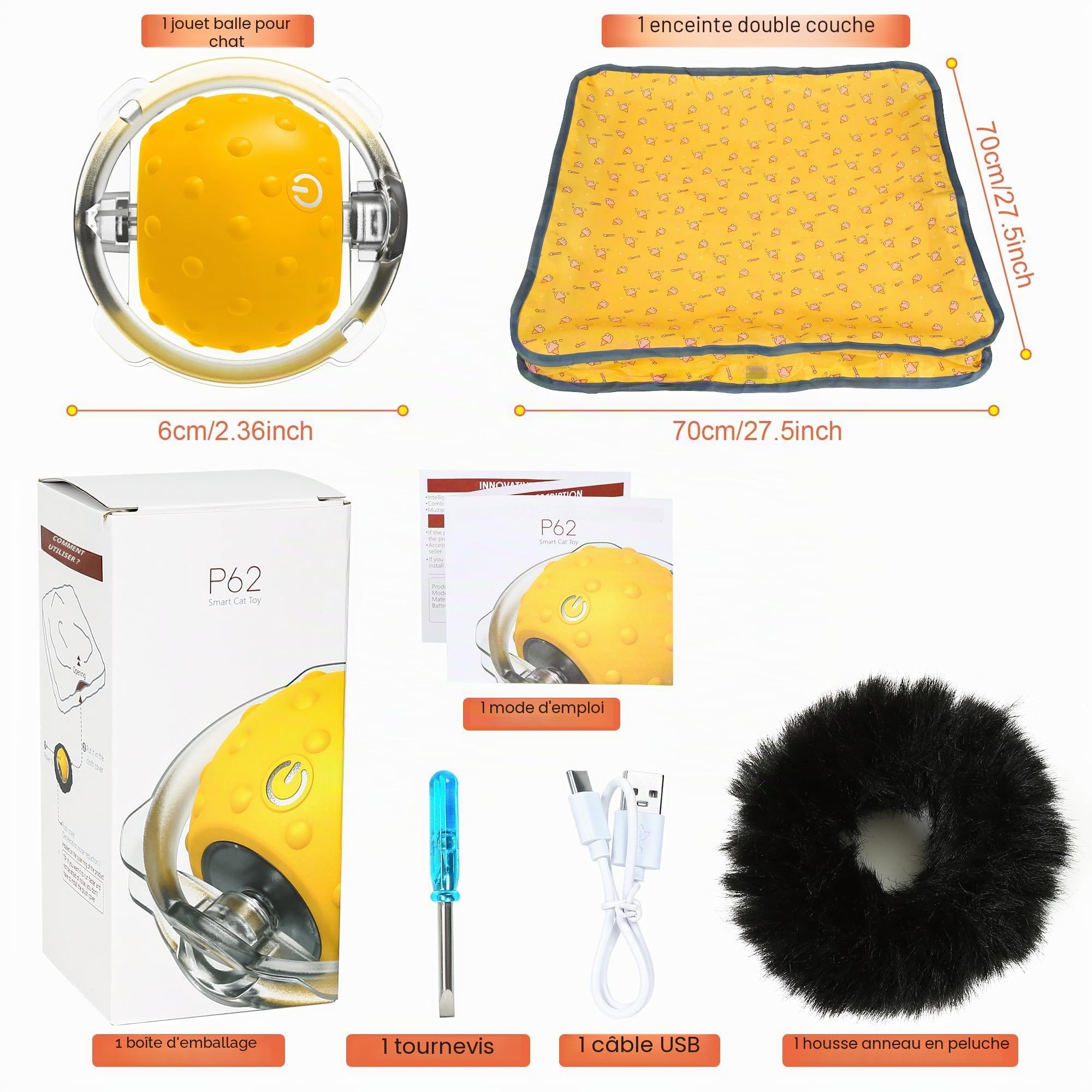 Iokheira Jouet Chat Interactif, Jouet Chat Interieur, Automatique Balle - Rechargeable et Silencieuse, Jeux pour Chat Interieur, Jeu de Chasse pour Chat, Jouet de Noël (Jaune)