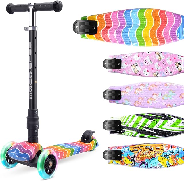 BOLDCUBE 3 Wheel Kids Scooter Foldable Height Adjustable Kick Scooter with Flashing LED Light Up Wheels, Scooters for Kids Aged 5 to 10 Years Birthday Gift for Boys Girls 4-7 years old +