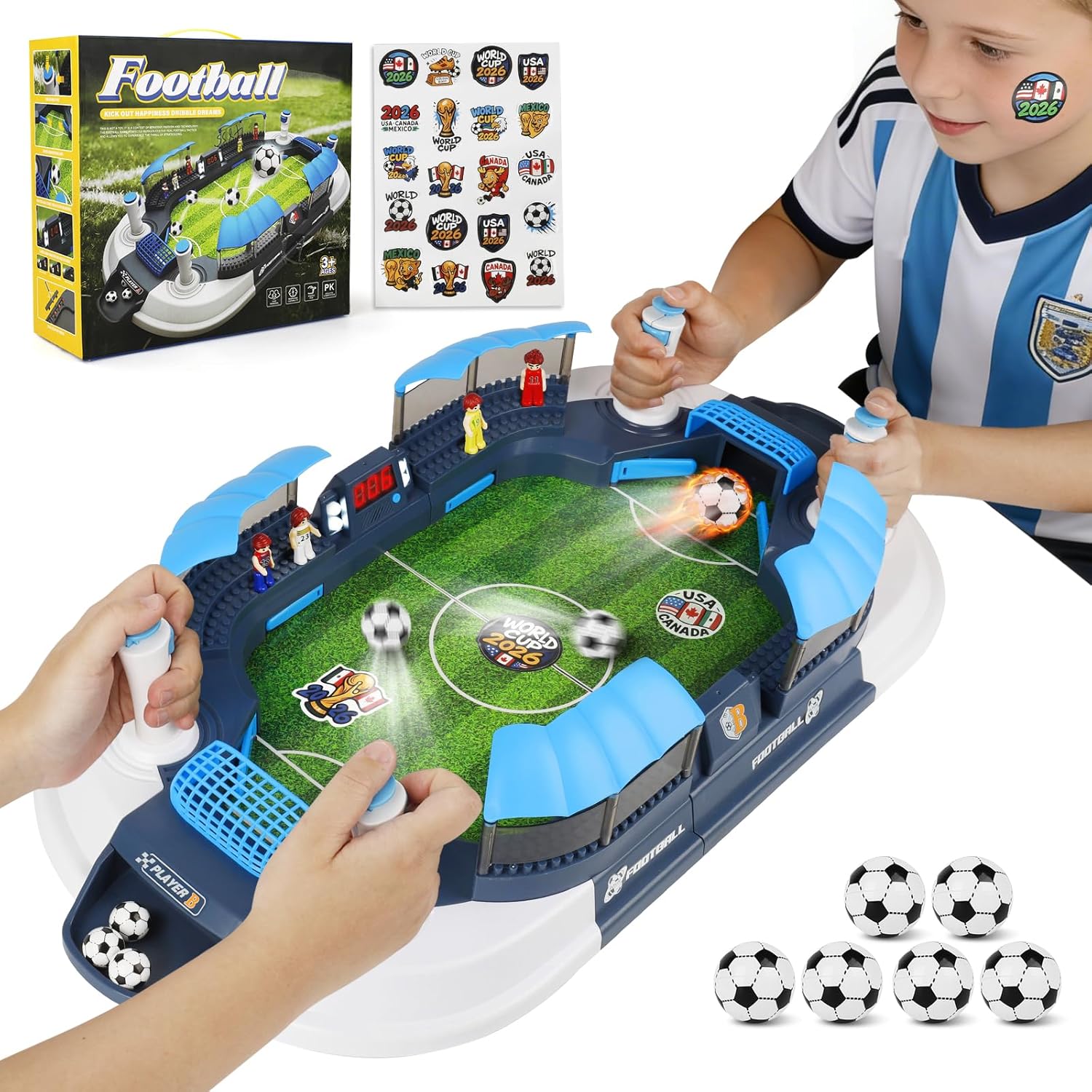 Large Size Foosball Table for 2026 World Cup with Auto Scoring Kids Soccer Board Game 6 Mini Soccer Balls Flag Stickers Interactive Tabletop Football Toy for Boys Girls Ages 3-12 Birthday Gift
