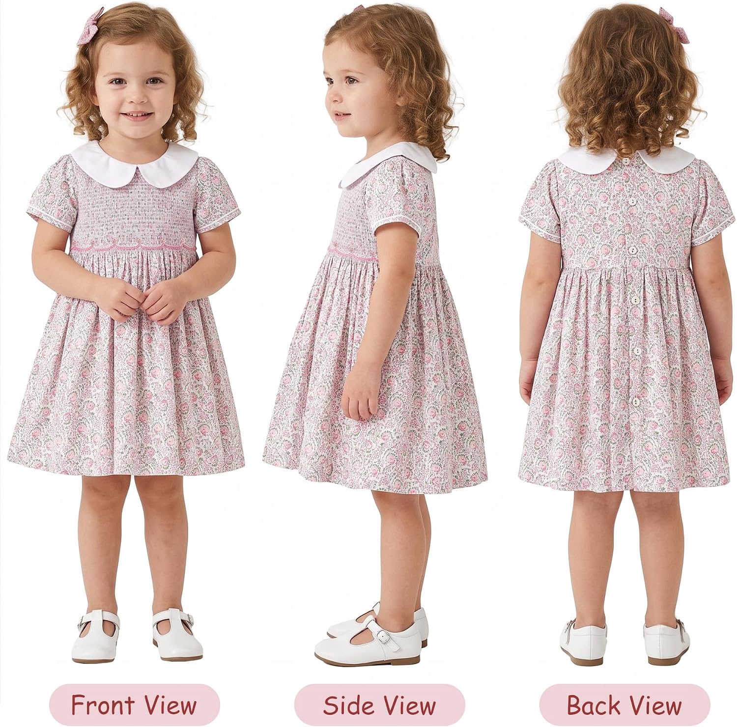 Simplee kids Baby Girl Smocked Dress Summer Casual Short Sleeve Dresses Floral Print Sundress Princess Dress for Toddlers image 2