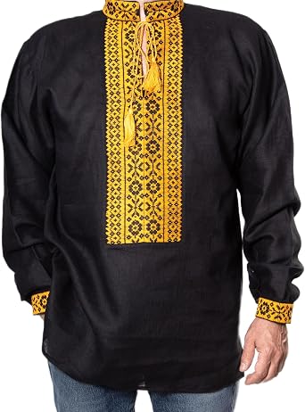 Rushnichok Ukrainian Vyshyvanka Mens Shirt Handmade Embroidered Black Linen Blue Pattern as1, Alpha, l, Regular, Regular