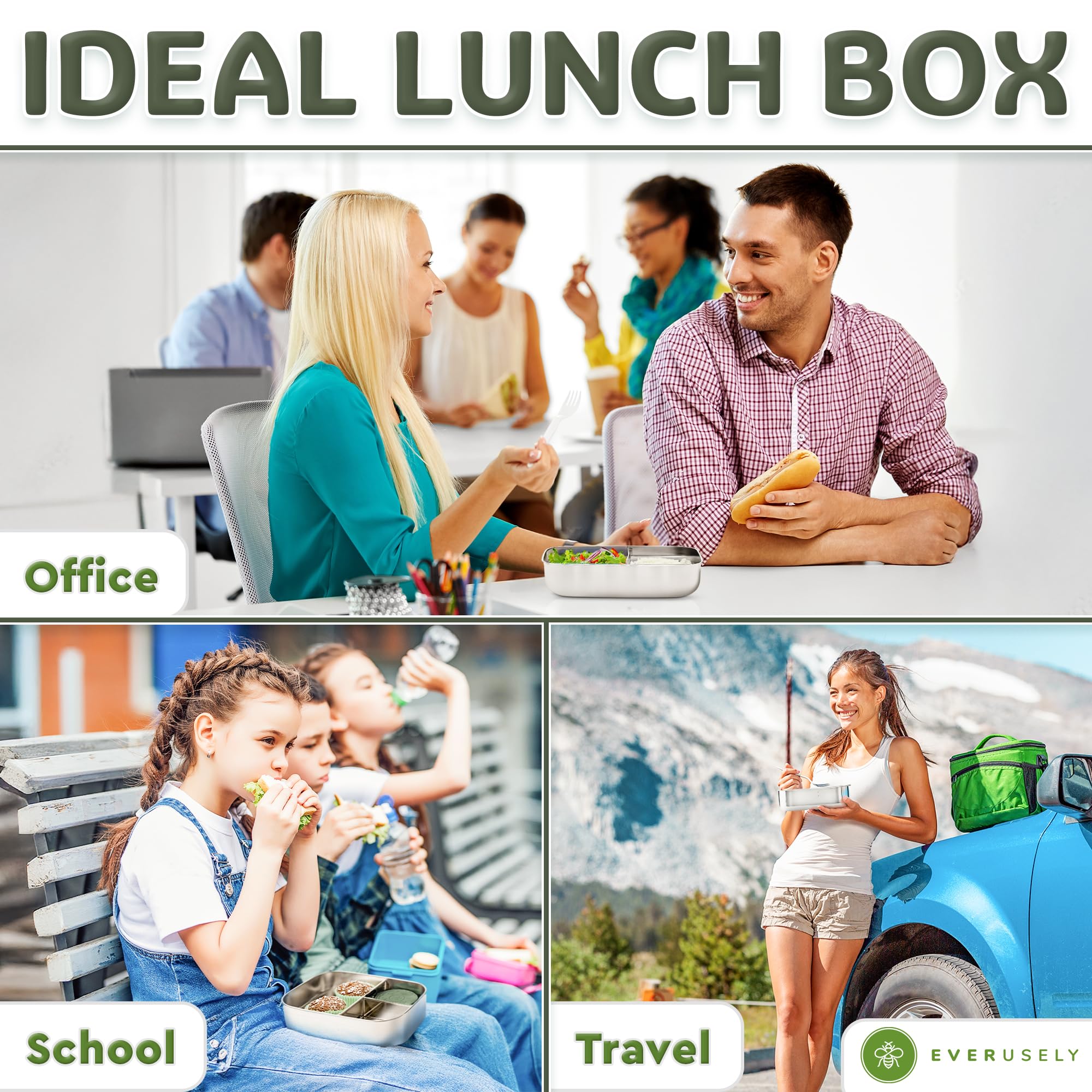 Everusely - Bento Box - Sage - 1.4 L - Stainless Steel Lunch Box with Leakproof Condiment Container - 3 Compartment Snack Container