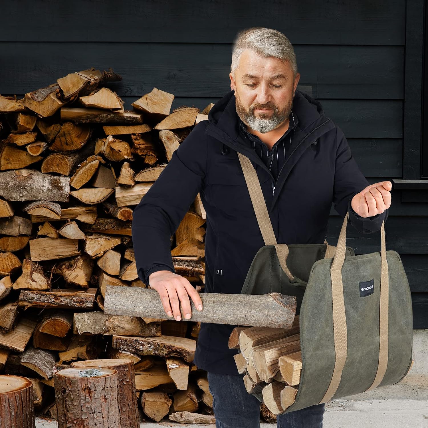 Firewood Carrier Waxed Canvas with Adjustable Shoulder Strap & Handles, Large Indoor Fireplace Log Carrier for Firewood, Wood Stove Accessories, Firewood Bag for Fireplace, Great Gift for Family,Rust