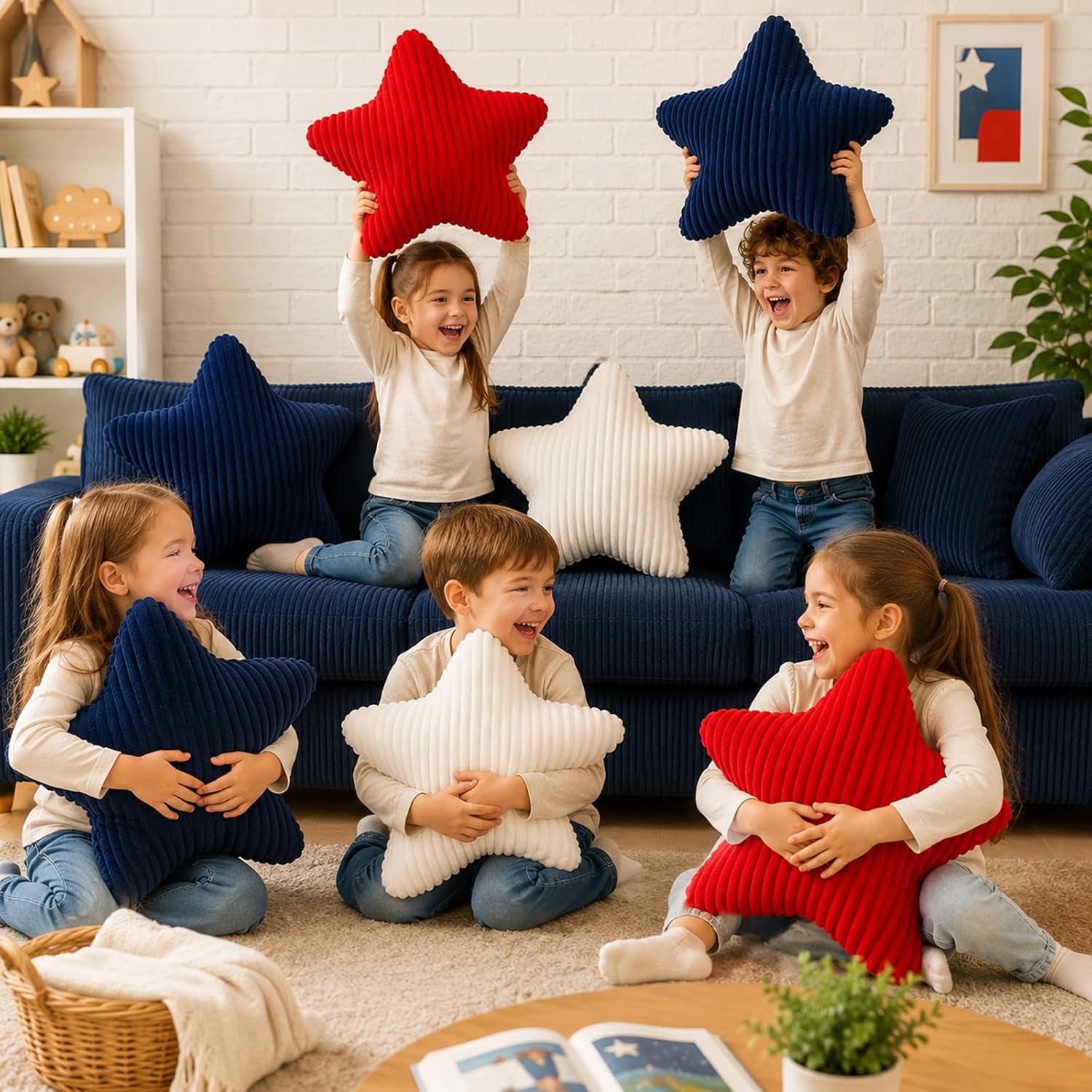 3 Pcs 18" x 18" 3D 4th of July Patriotic Star Pillows Independence Day Flannel Plush Throw Pillow Red Blue White Cushion Set Memorial Day Striped Pillows for Sofa Couch Bedroom Holiday Home Decor