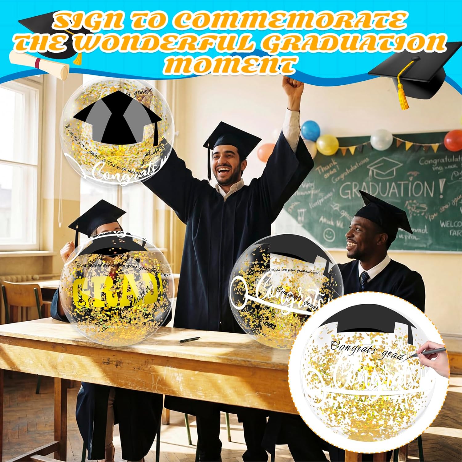 Graduation Inflatable Pool Party Decorations - 12Pcs Grad 2026 Letters 20 x 15 in Gold Pool Float & Graduation Beach Balls Congrats Sign & Grad Cap Inflatable for Class of 2026 Glitter Party Supplies