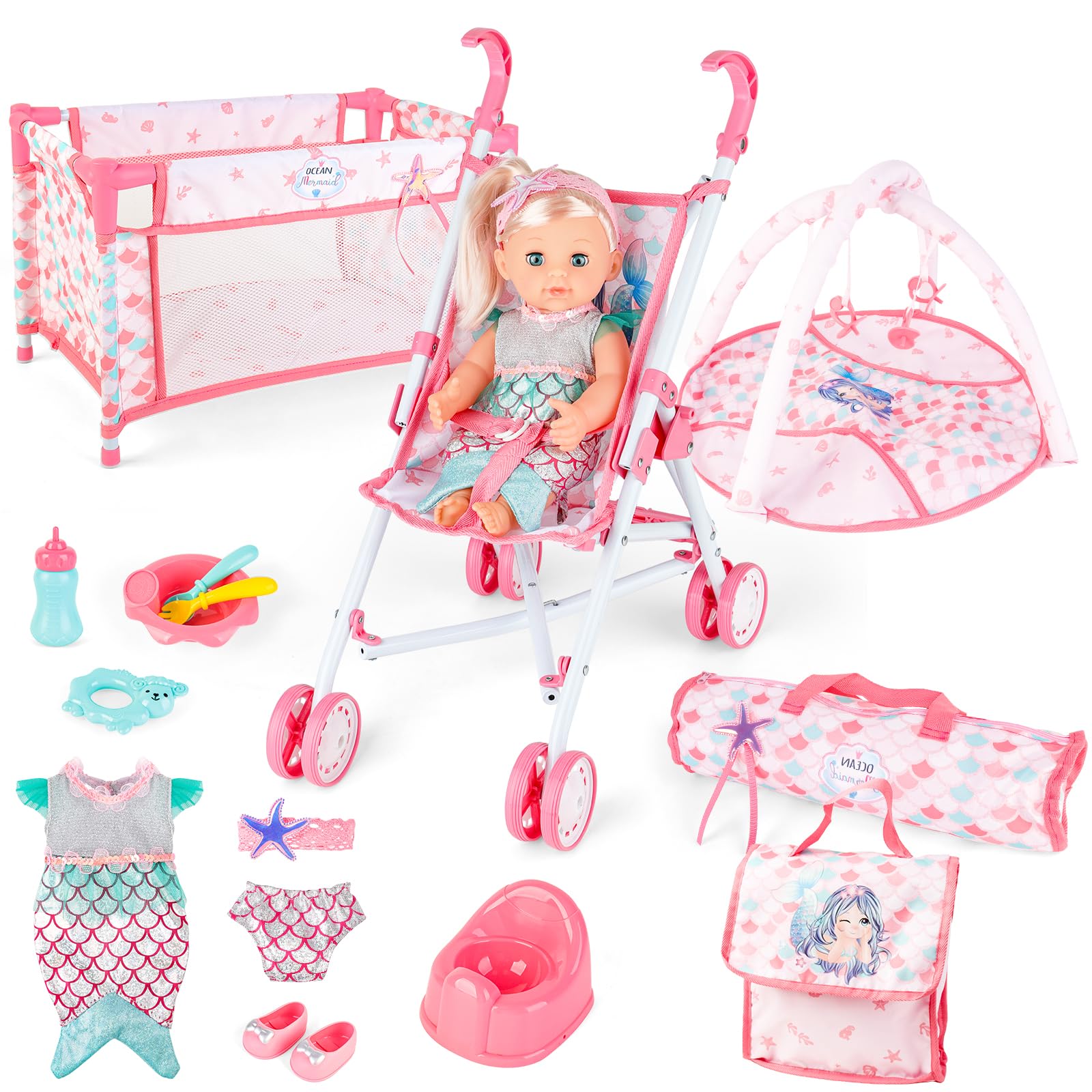 deAO Baby Doll Stroller Crib Bed Nursery Role Play Set Baby Doll Accessories and Play Mat,Travel Cot,Foldable Stroller and Travel Bag Birthday for Girls Boys Kids