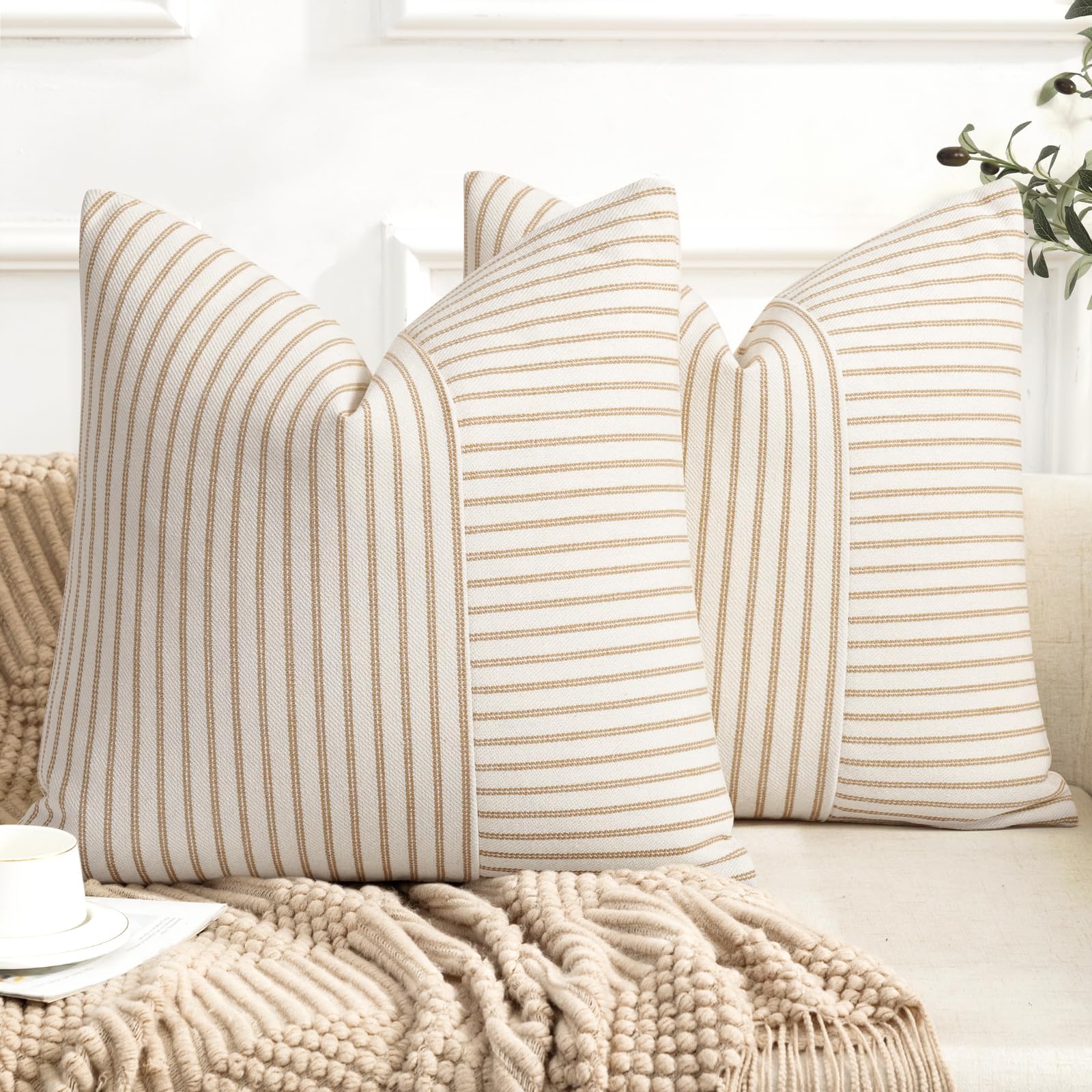 Farmhouse Pillow Covers 18x18, Modern Accent Square Throw Pillow Covers Set of 2, Khaki and Beige Striped Patchwork Linen Decorative Pillows Cushion Covers for Couch Chair Bedroom Home Decor