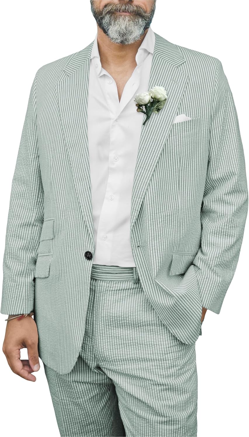 Men's Striped Seersucker Suits 2 Piece Slim Fit Wedding Tuxedo Summer Beach Suit Blazer Pant Sets