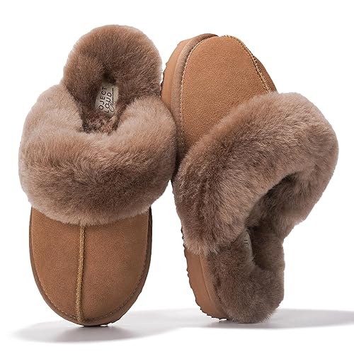 Project Cloud Genuine Leather Slippers for Women Footwear with Genuine Fur Lining Womens Clogs & Mule - Non-Slip Indoor/Outdoor Scuff Womens Slippers with Memory Foam Insole (Henka) - 10 - Camel Suede