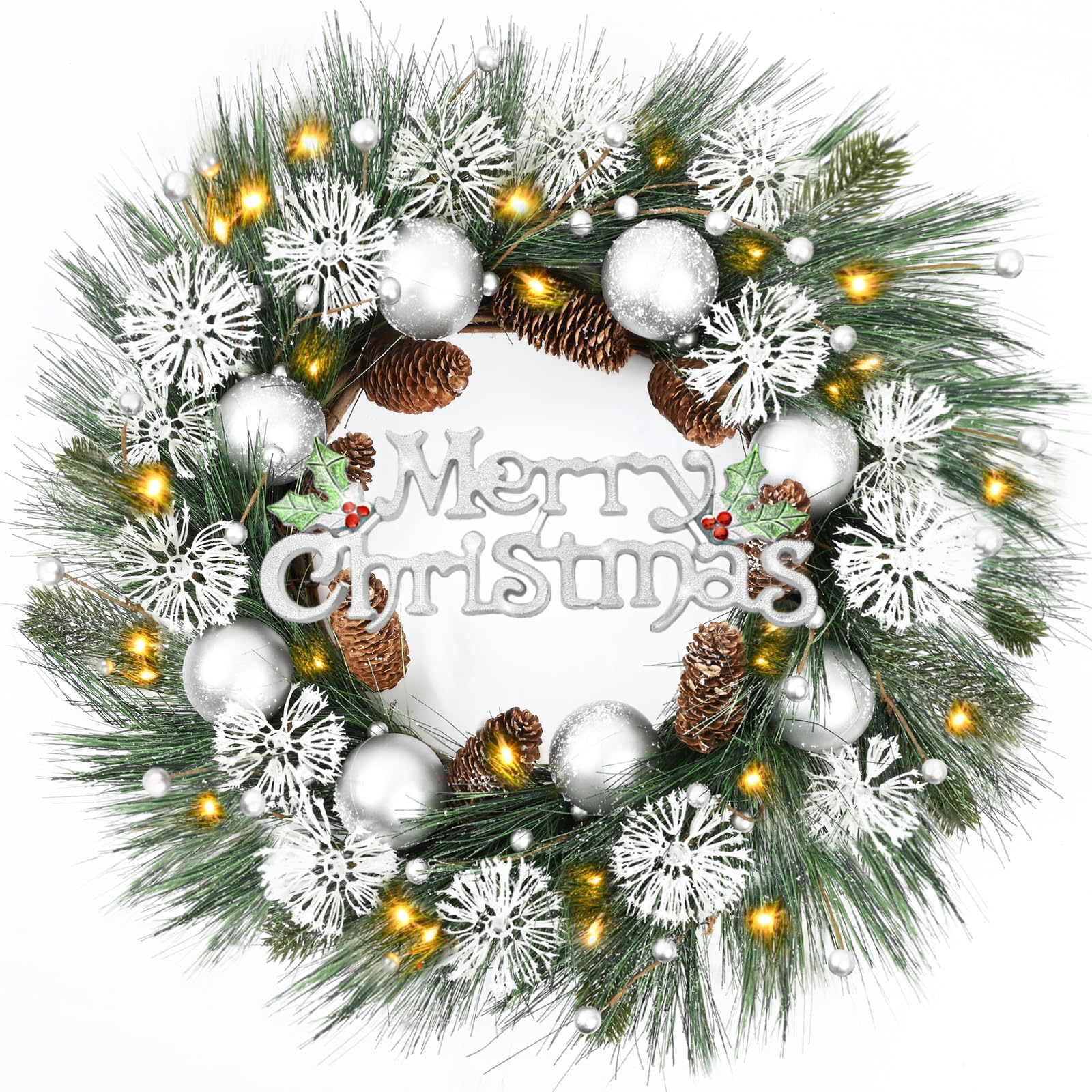 Waipfaru Christmas Decor, 24 Inch Winter Christmas Wreaths for Front Door, Pre-Lit White Christmas Door Wreath with Lights for Outdoor Xmas Window Holiday Decorations