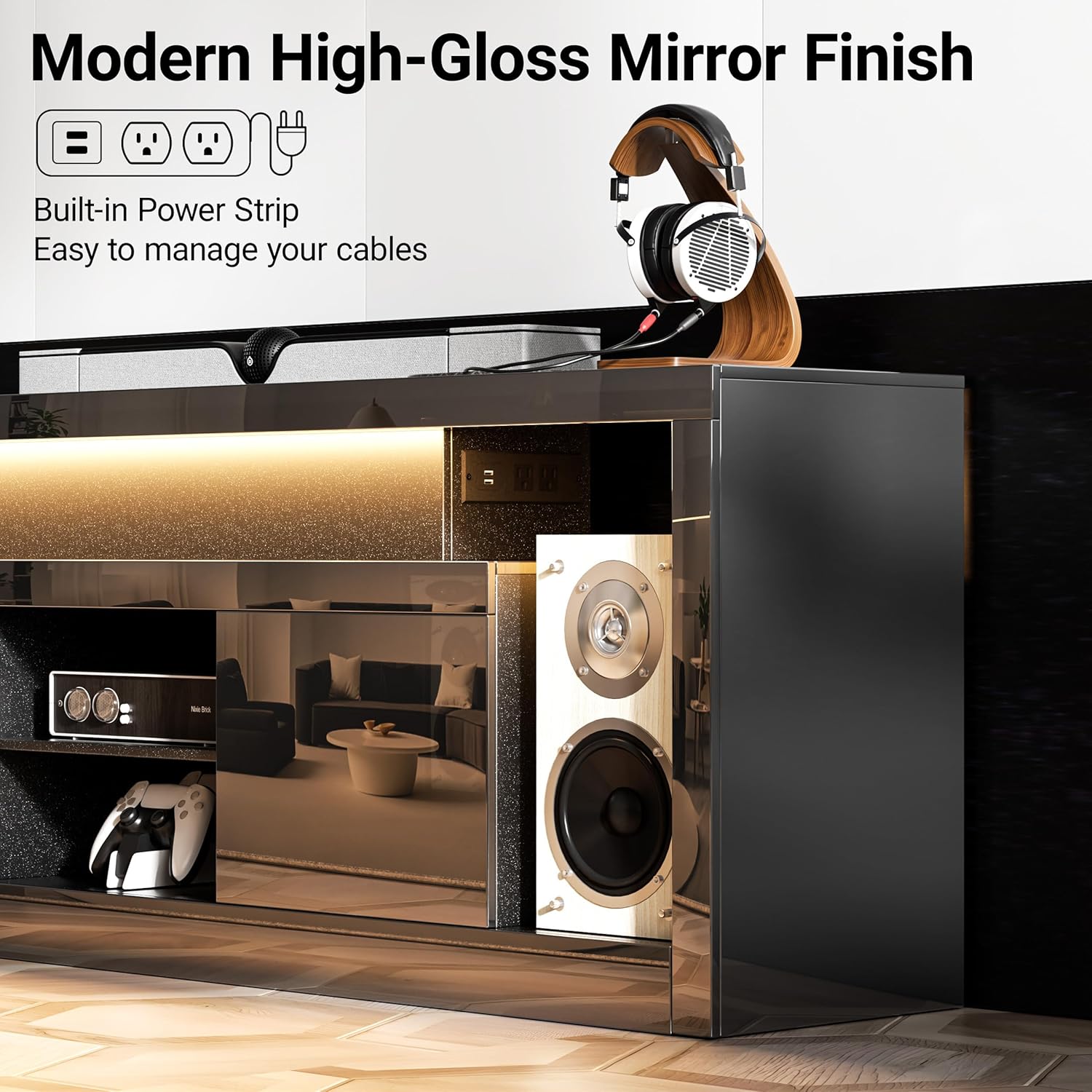 TV Stand for 75/80 inch TV, LED Entertainment Center with Power Outlet, TV Console w/Storage, Modern TV Cabinet for Bedroom, Living Room, All Black
