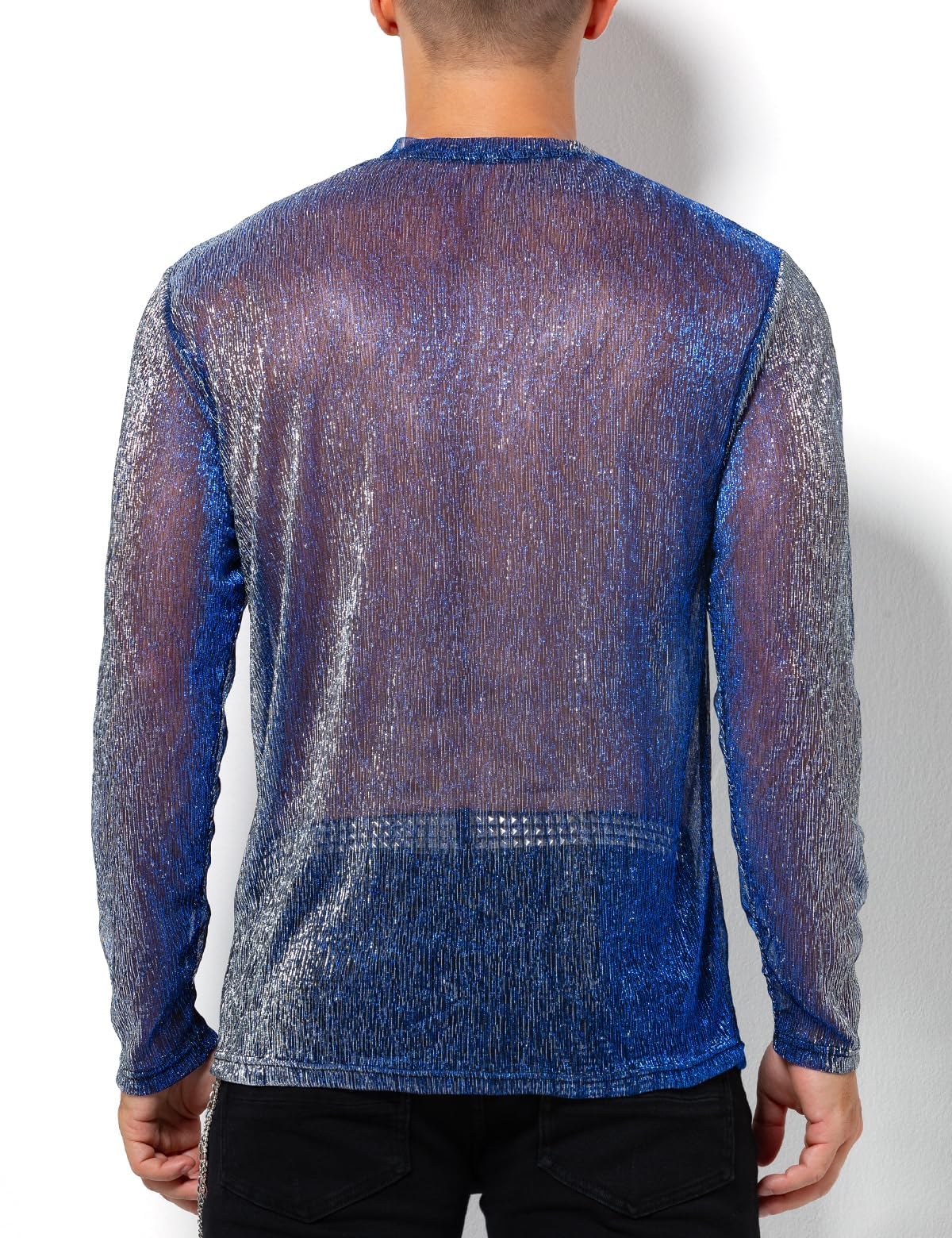 Casey Kevin Camiseta Transparentes Manga Larga Hombre Brillo Lentejuelas Rejilla Camisa Fiesta Plateada Brillante Ropa Sexy Top Fiesta Discoteca Punk Nocturno Jazz Rock Hip Hop Dance Clubwear