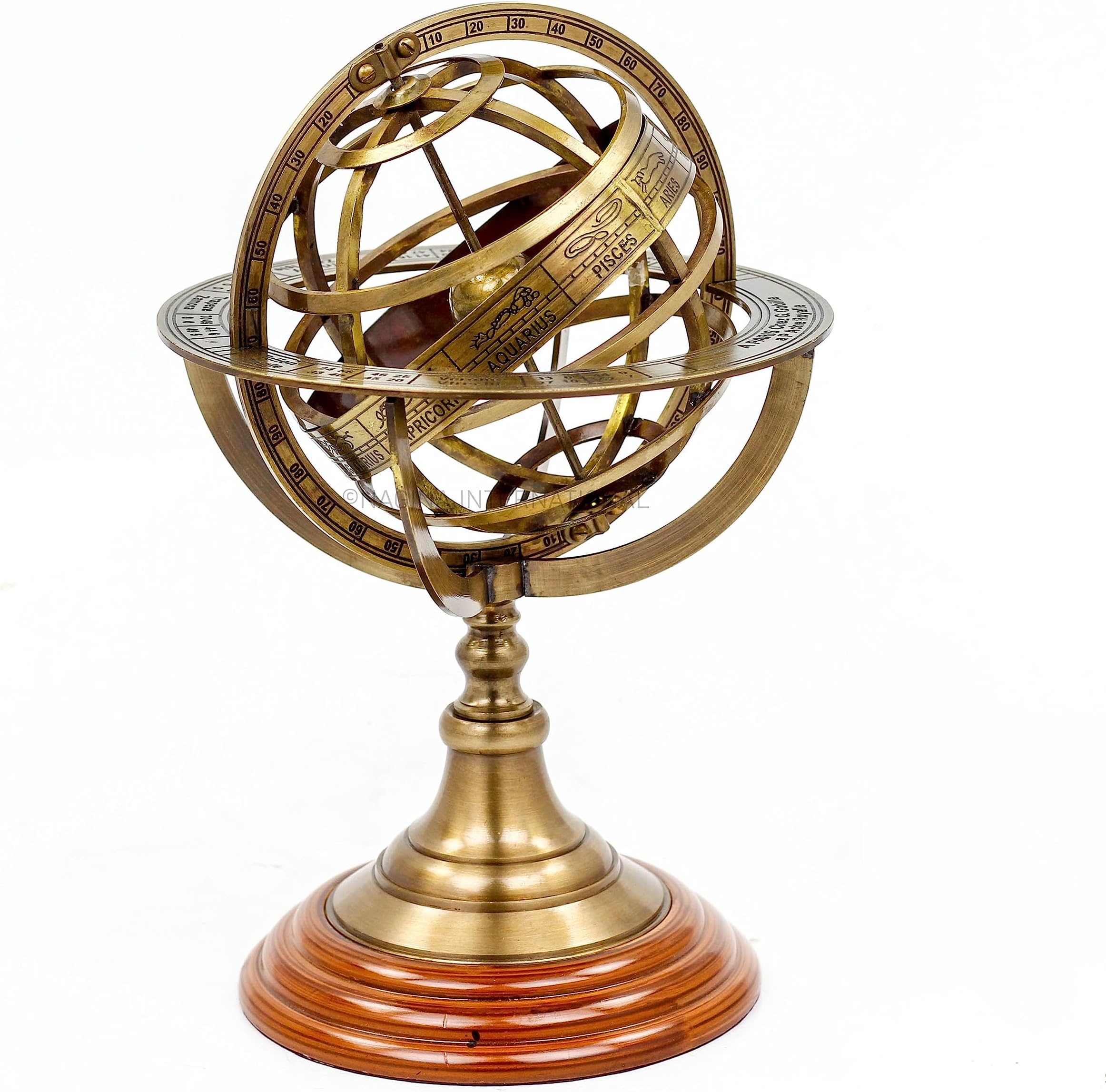 Nagina International Antique Vintage Zodiac Armillary Brass Sphere Globe Wooden Display | Pirate's Antique Ship Decor (XL, Antique Brass) (Antique Brass, Large)