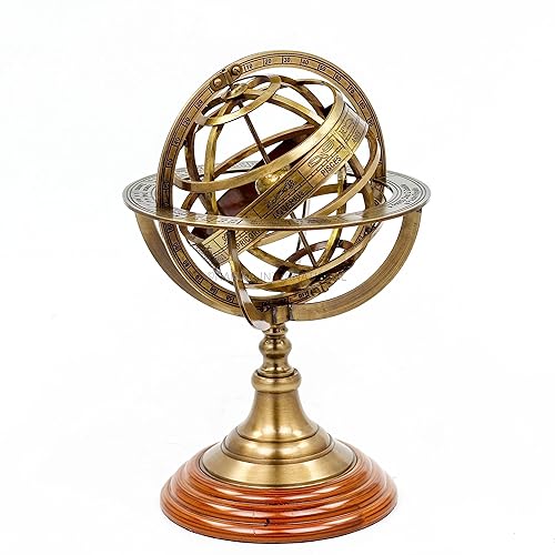 Antique Vintage Zodiac Armillary Brass Sphere Globe Wooden Display |