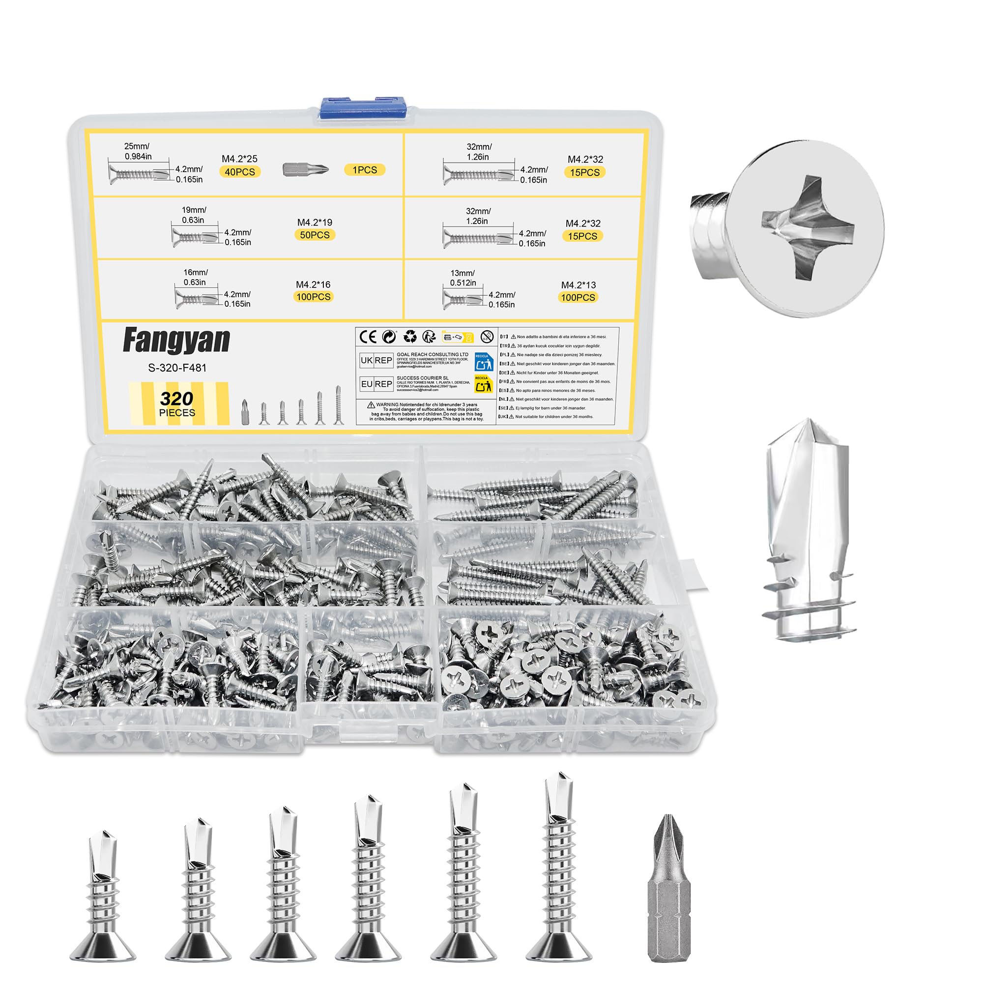320Pcs M4.2 Countersunk Self Drilling Screws Assortment Kit, 410 Stainless Steel Cross Head Metal Sheet Roofing Cladding Screws with Phillips Bit for Steel Metal Wood DIY & Trade Use