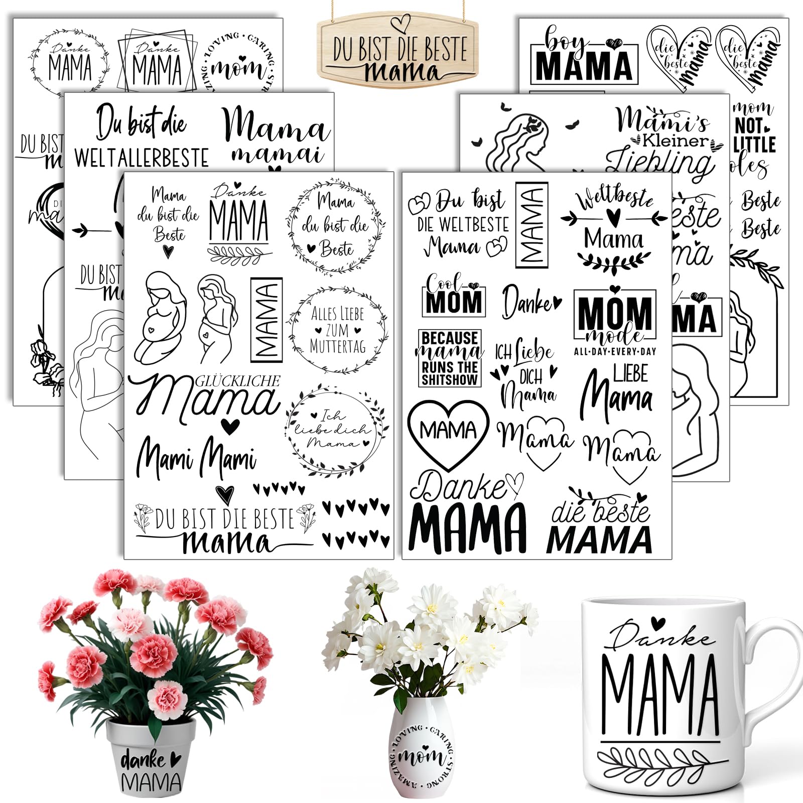 Rub On Sticker Muttertag, 6 Stück A5 Rub On Aufkleber, Folie Transferaufkleber, für Möbel, Glas, Holz, Scrapbooking, DIY Basteln Deko (Muttertag)