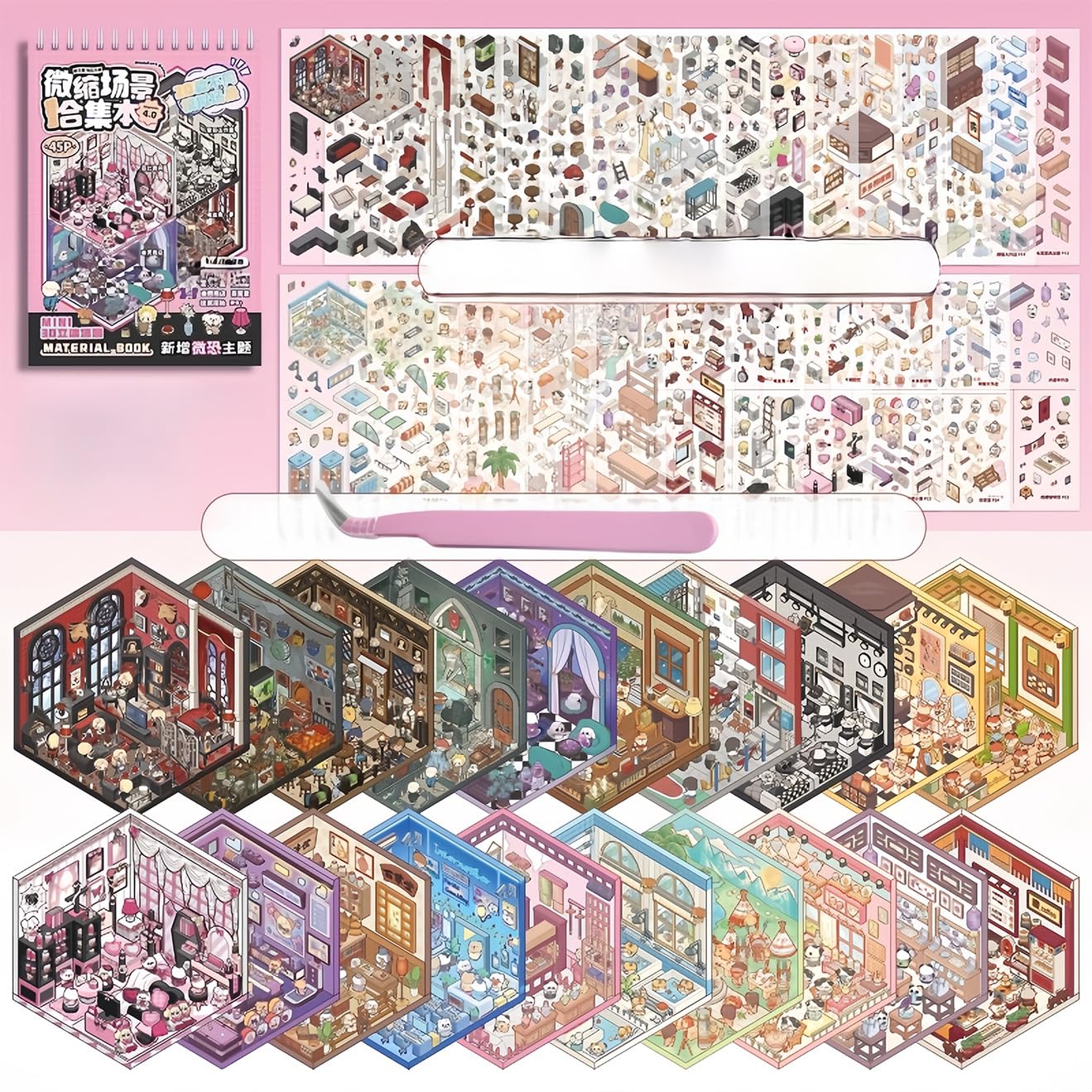 Oucaty 20 Sets DIY 3D House Sticker Scene Kit Horror Series Sticker Scene Collection Book Make Your Own Labyrinth Exploration Horror Shop Therapy for Adult for Relief Stress Pass The Time